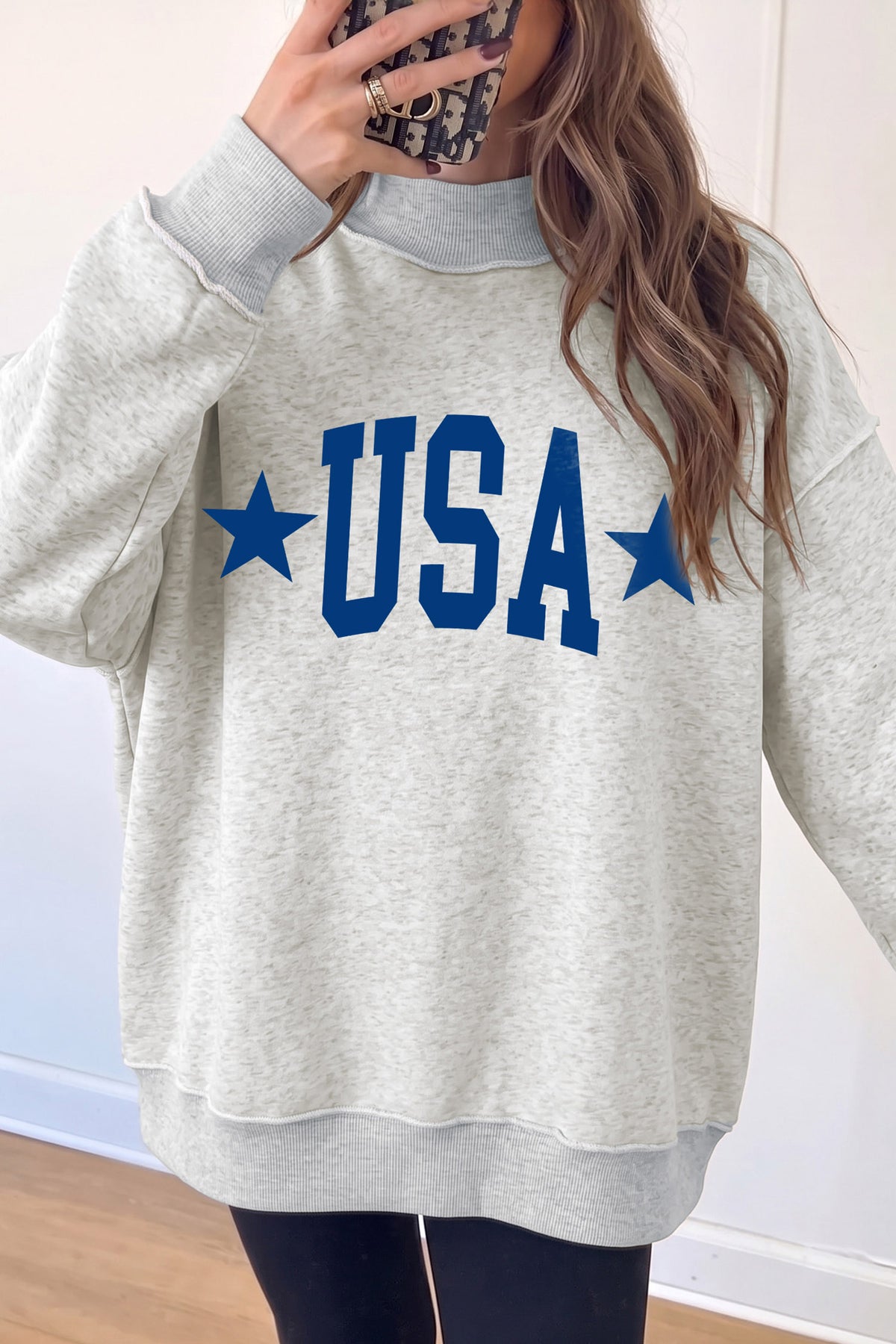 Light Grey Mock Neck USA Slogan Pullover Graphic Sweatshirt