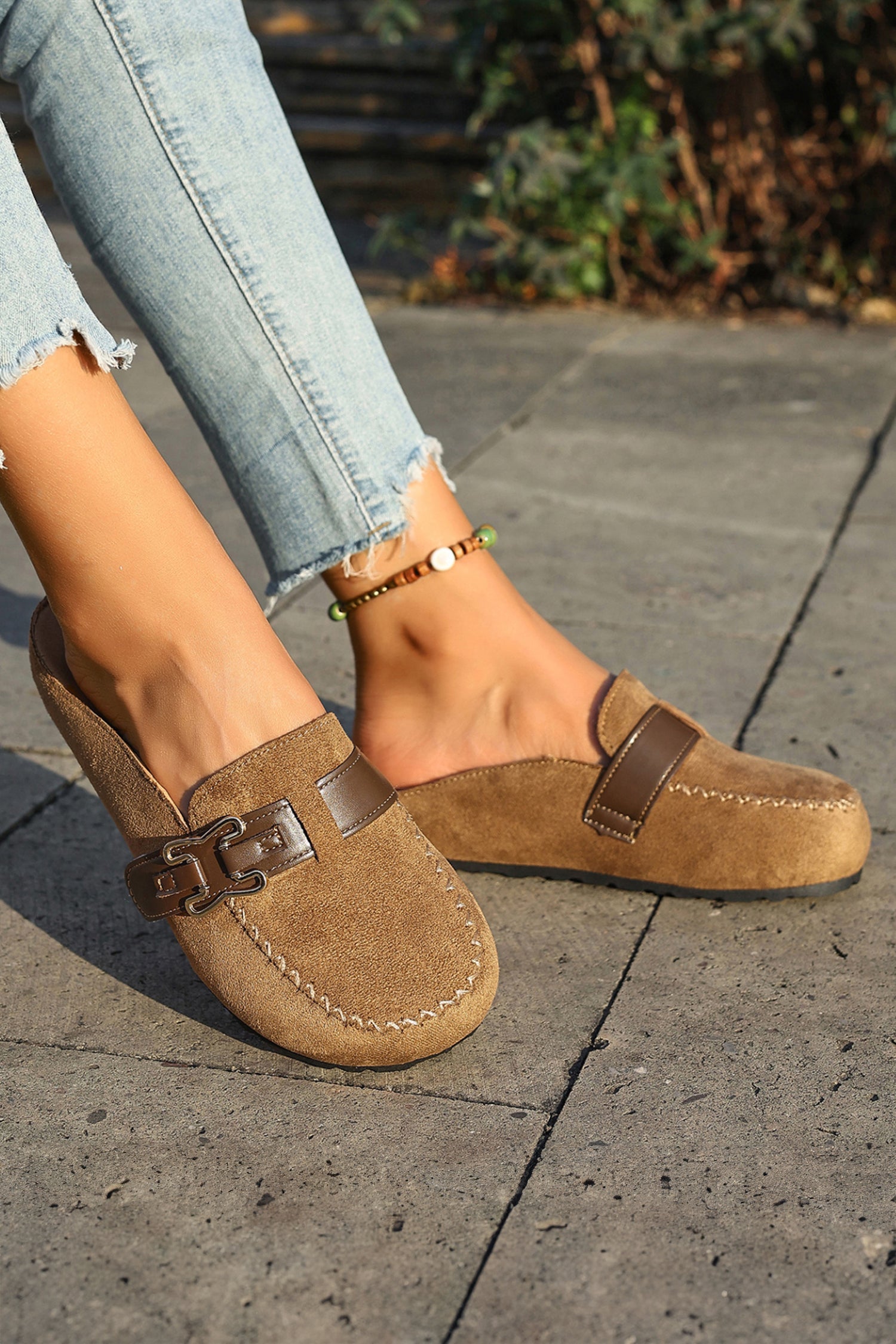 Camel Faux Suede Cute Buckle PU Leather Strap Mule Slippers