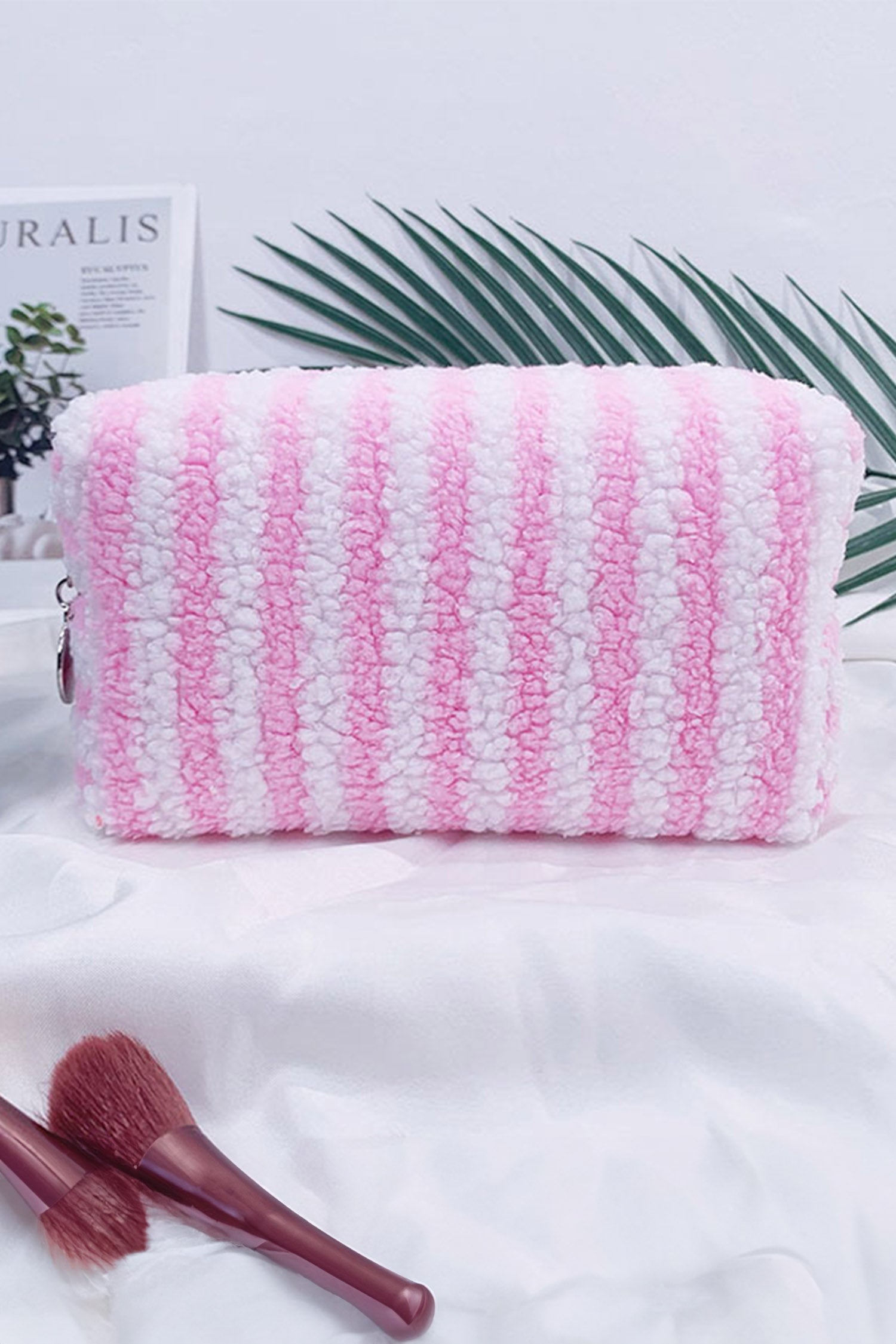 Pink Plush Striped Microfiber Cosmetic Bag with Key Charm Zipper Closure
