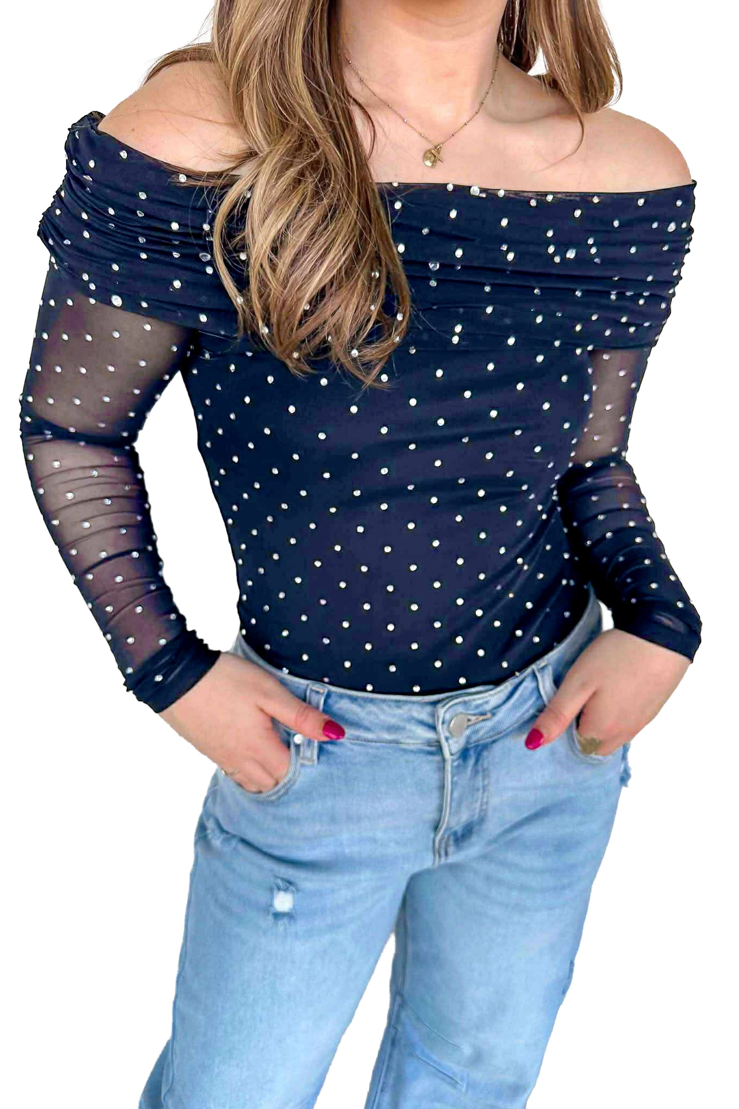 Blue Off Shoulder Polka Dot Mesh Long Sleeve Sheath Top