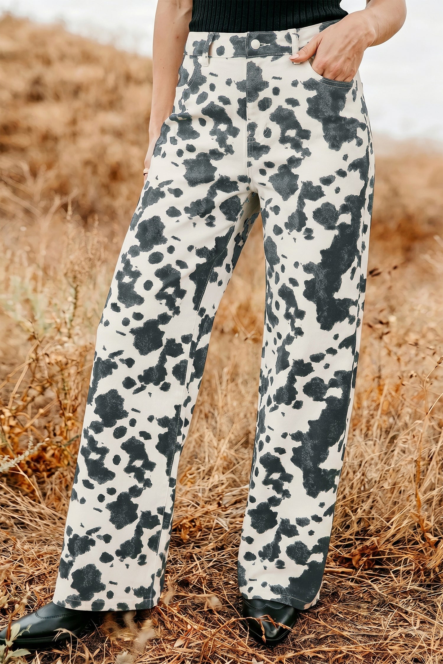 Brown Abstract Print Metal Button Regular Fit Full-Length Jeans
