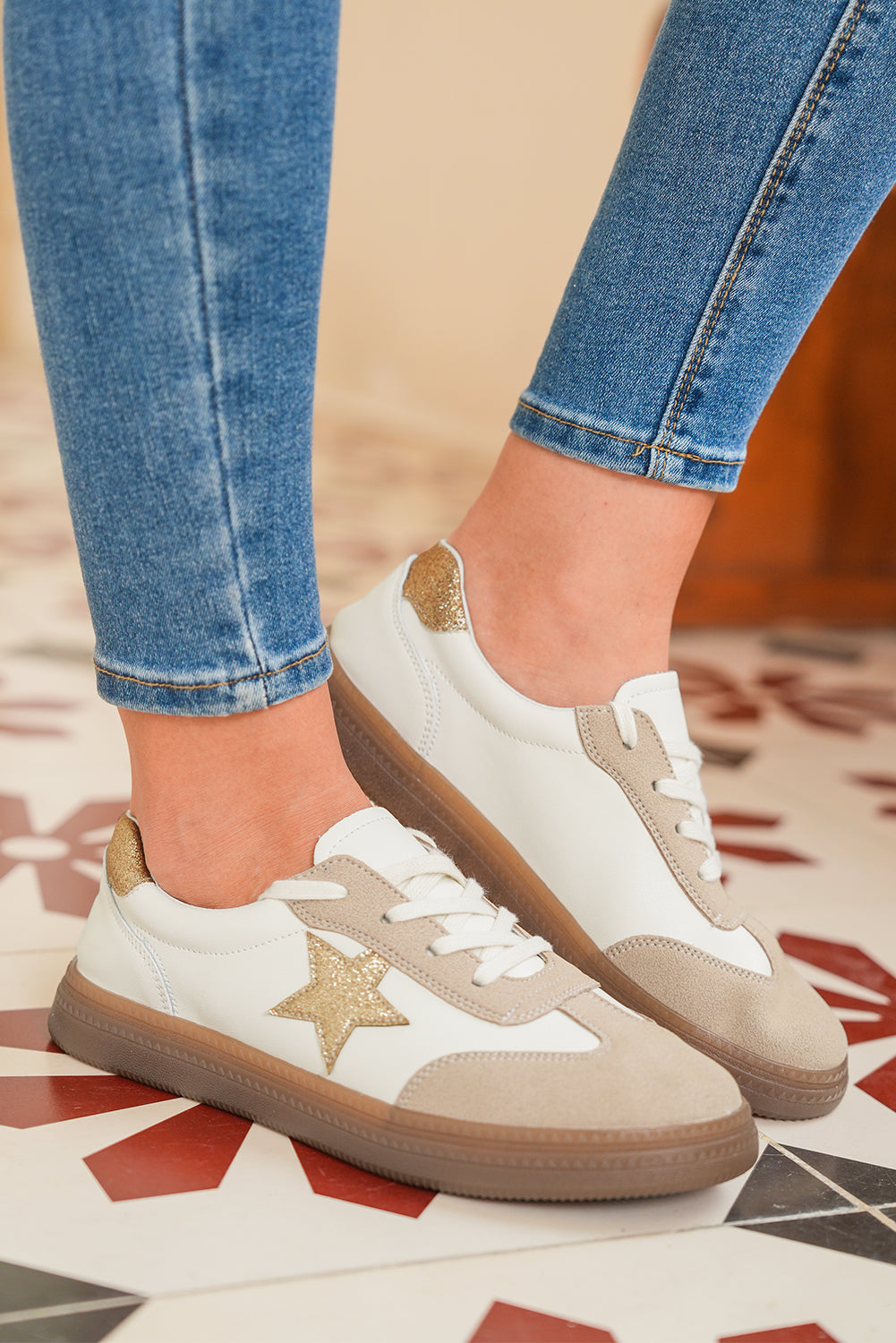 Gold Shimmer Star Patch Colorblock Lace up Retro Flattie