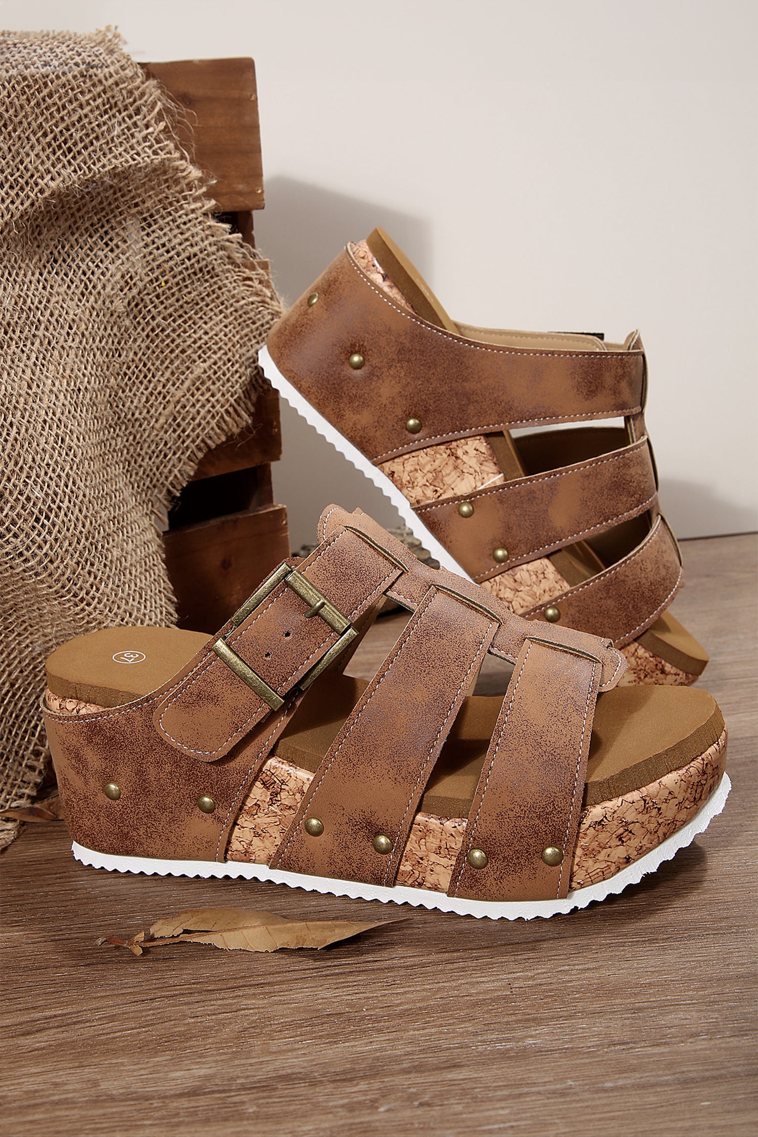 Brown Retro Vegan Leather Studded Cage Cork Wedge Platform Slippers