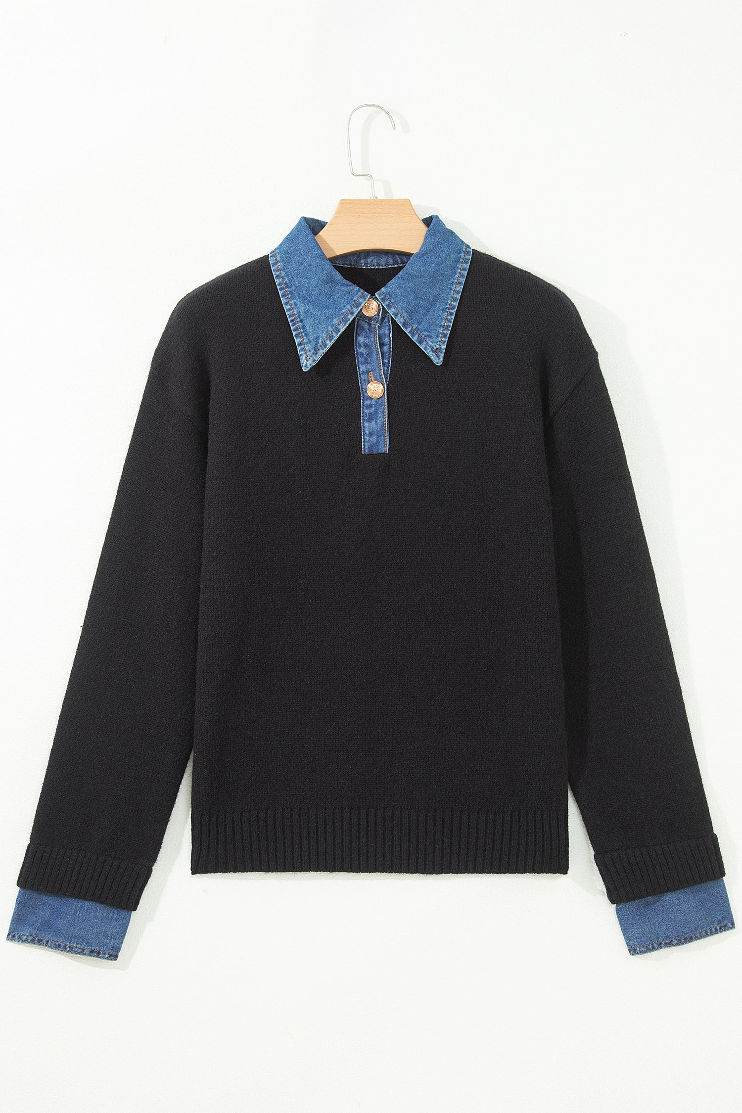 Black Denim Patchwork Collar Cuffed Casual Sweater