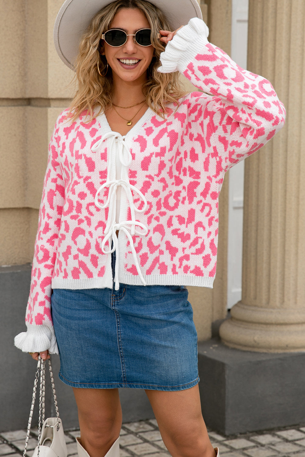 Pink Leopard Print Tie Front Frilled Cuffs Drop Shoulder Sweater Cardigan