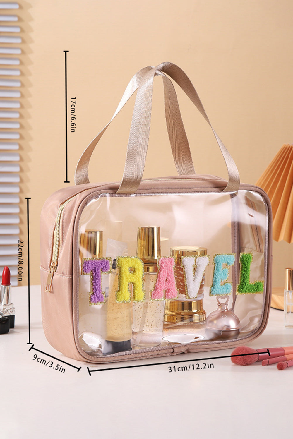 Dark Khaki TRAVEL Chenille Glitter Patched Clear Waterproof Makeup Bag