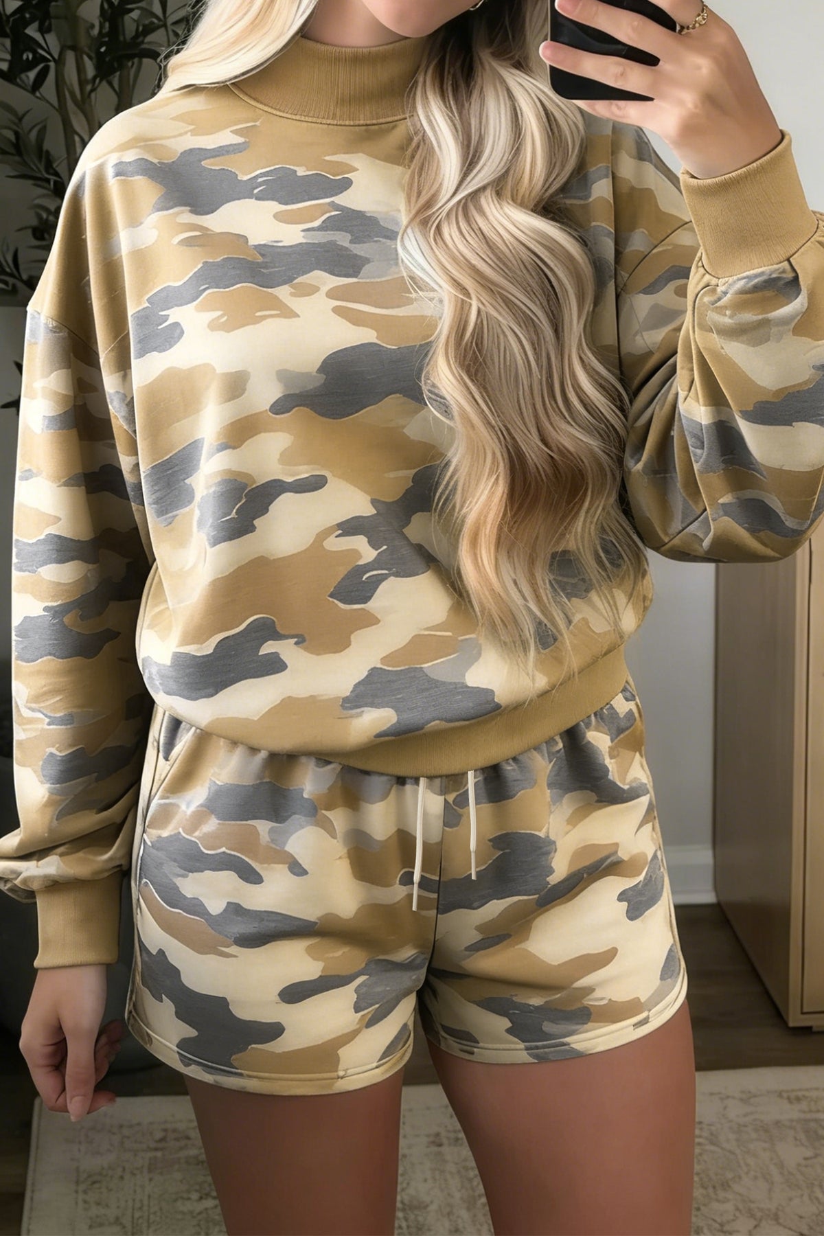 Multicolour Camouflage Print Long Sleeve Top Drawstring Shorts Set