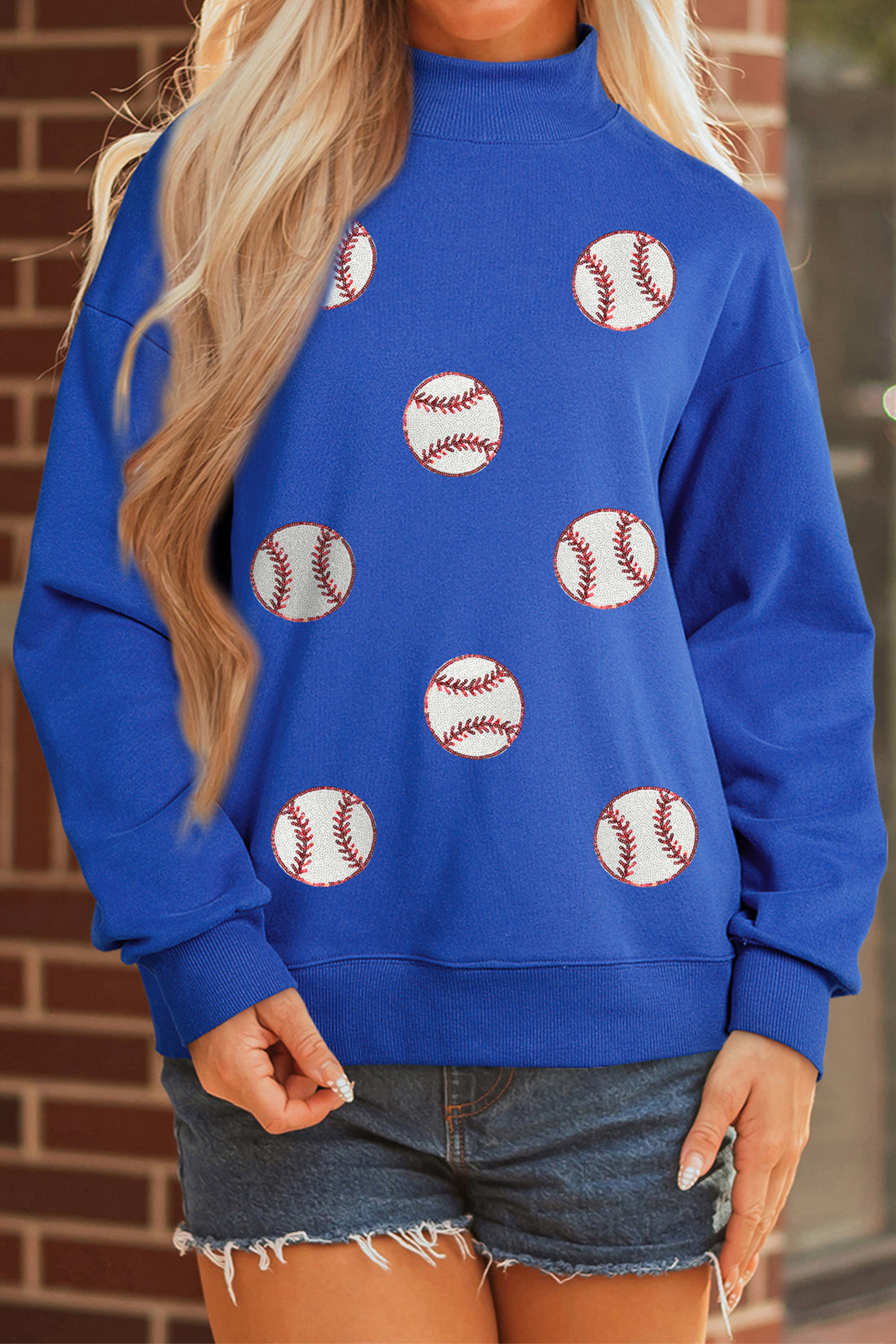 Dark Blue Sequin Baseball Patched Game Day Mock Neck Sweatshirt