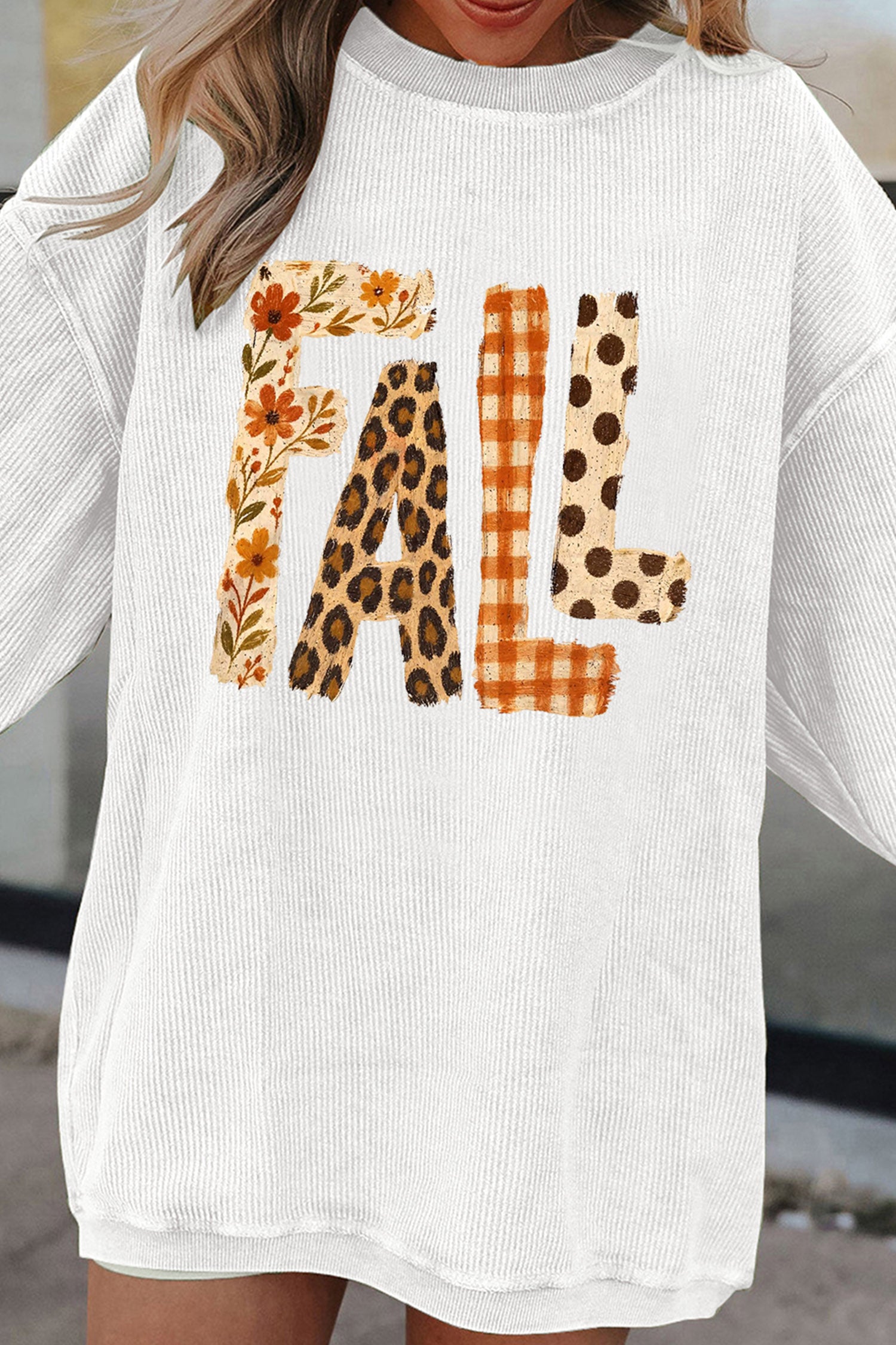 White Fall Letter Pattern Graphic Customized Corded Sweatshirt