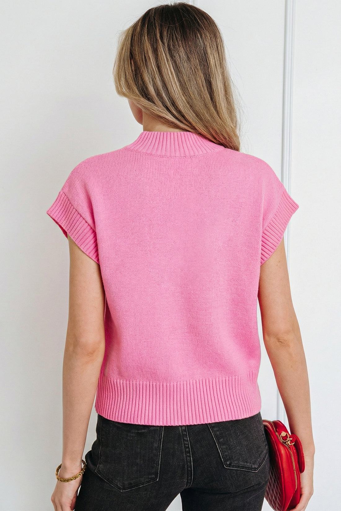 Pink Valentine Heart Graphic Cropped Short Sleeve Sweater