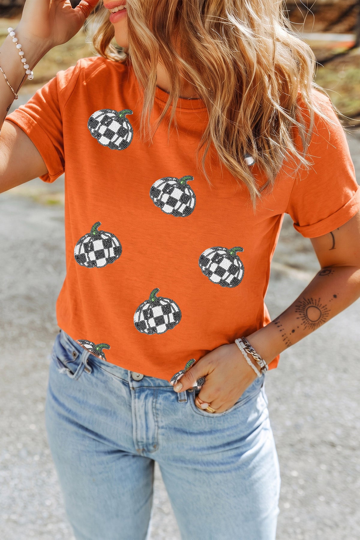 Orange Sequin Pumpkin Print Round Neck Short Sleeve Casual T-Shirt