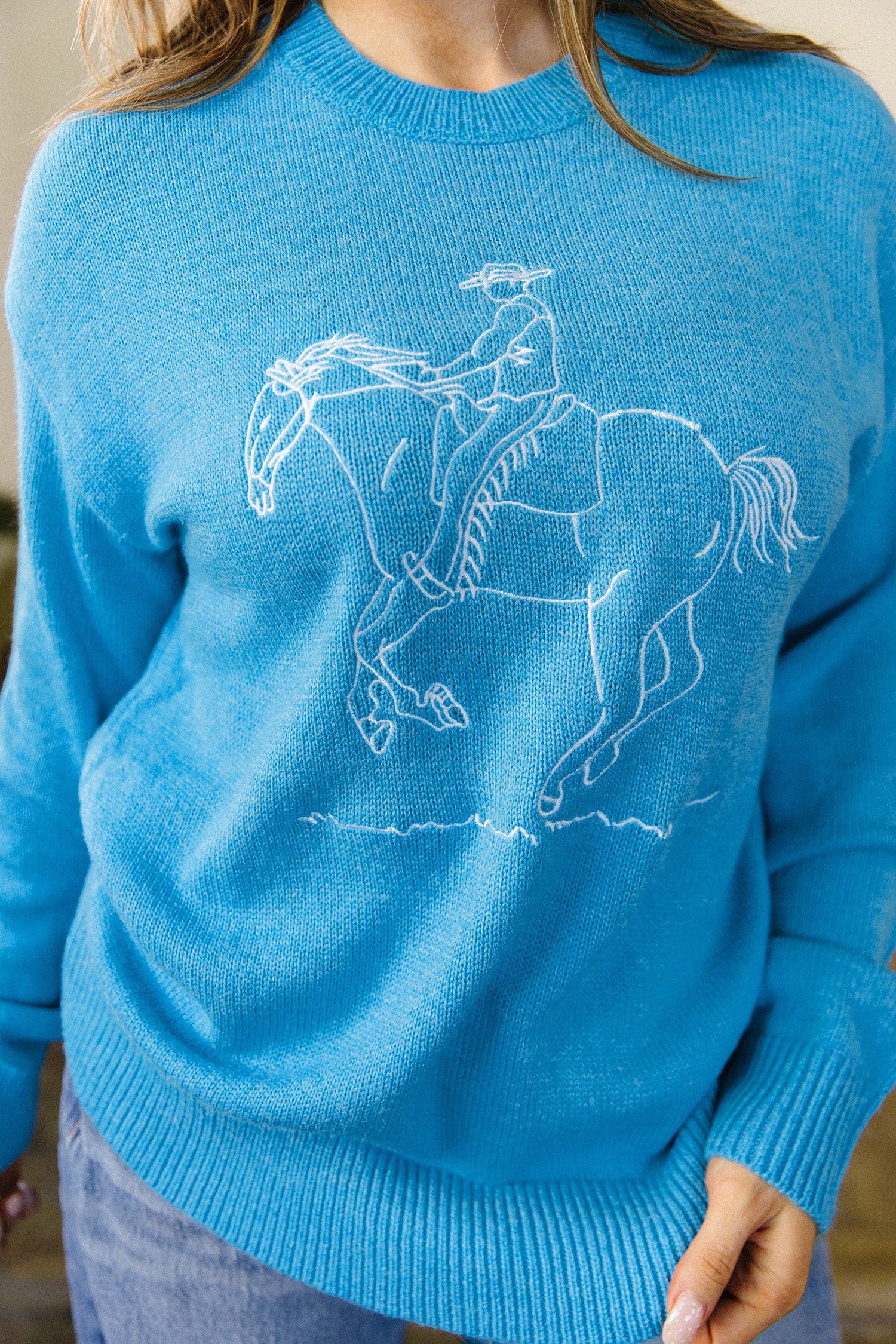 Sky Blue Western Embroidery Drop Shoulder Pullover Sweater
