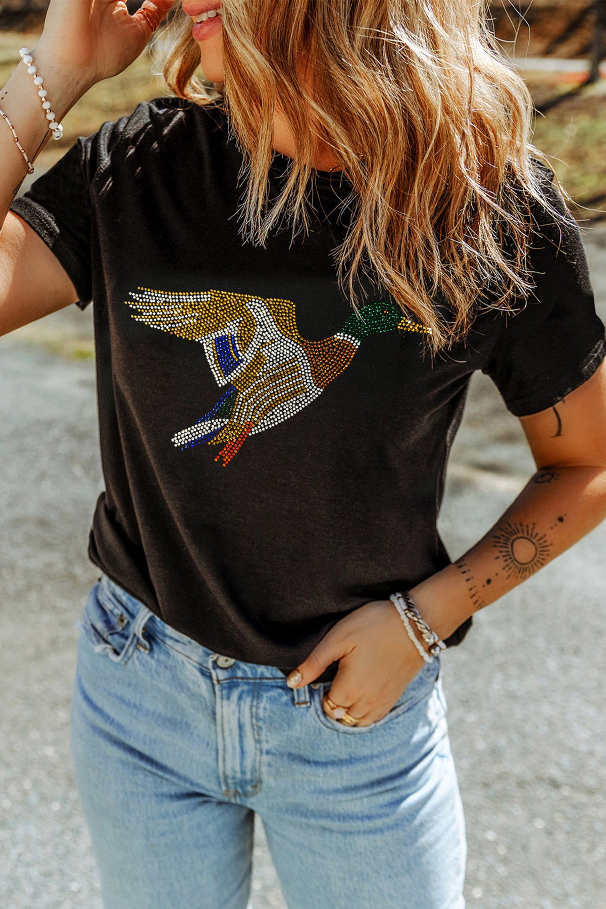 Black Rhinestone Flying Mallard Graphic Casual Round Neck T Shirt