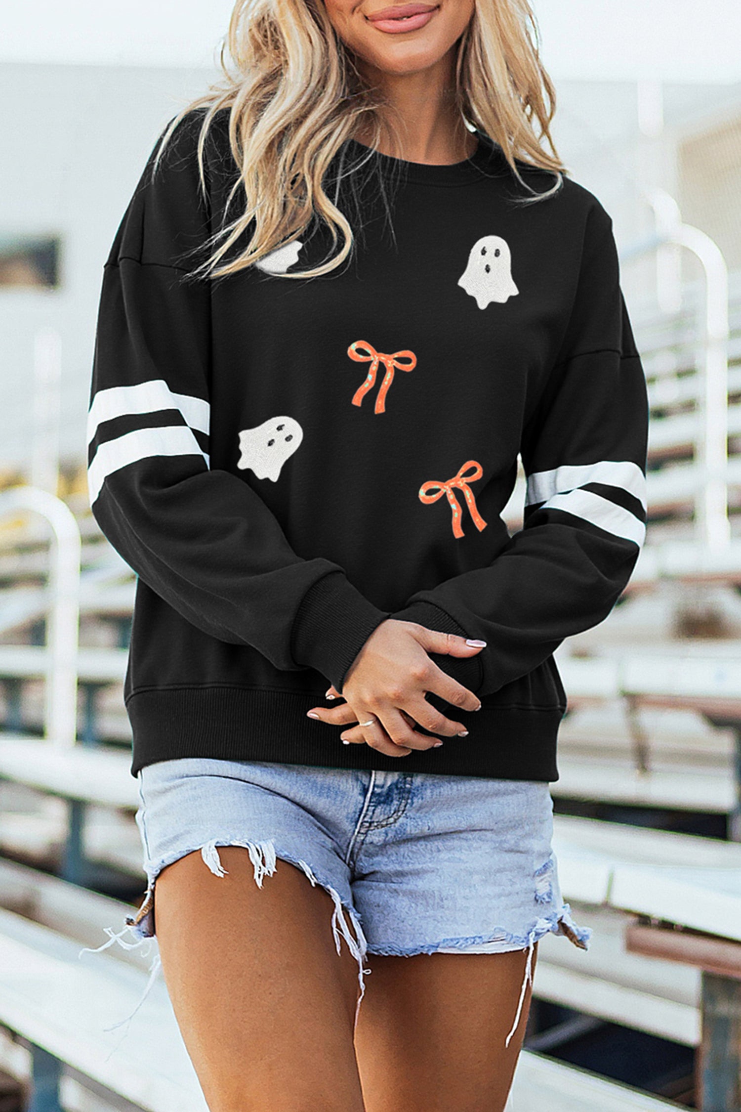 Black Sequin Halloween Ghosts Bows Graphic Varsity Striped Sleeve Casual Pullover Sweatshirt