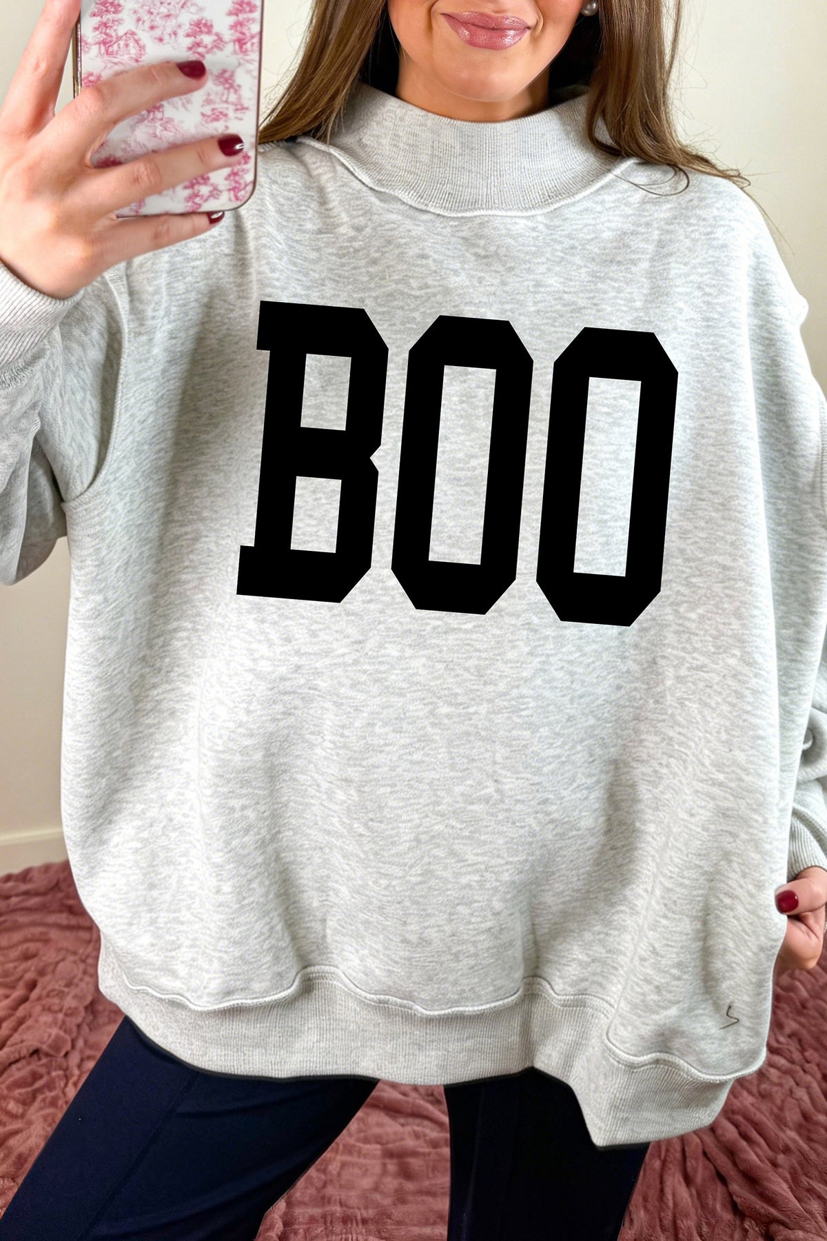 Light Grey BOO/ Halloween Bat Printed Reversible Mock Neck Pullover Sweatshirt