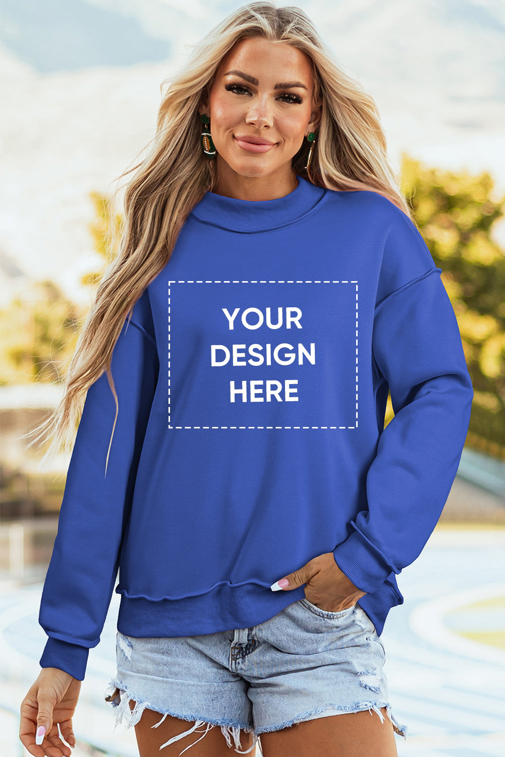 Dark Blue Oversize Drop Shoulder Reversible Mock Neck Sweatshirt