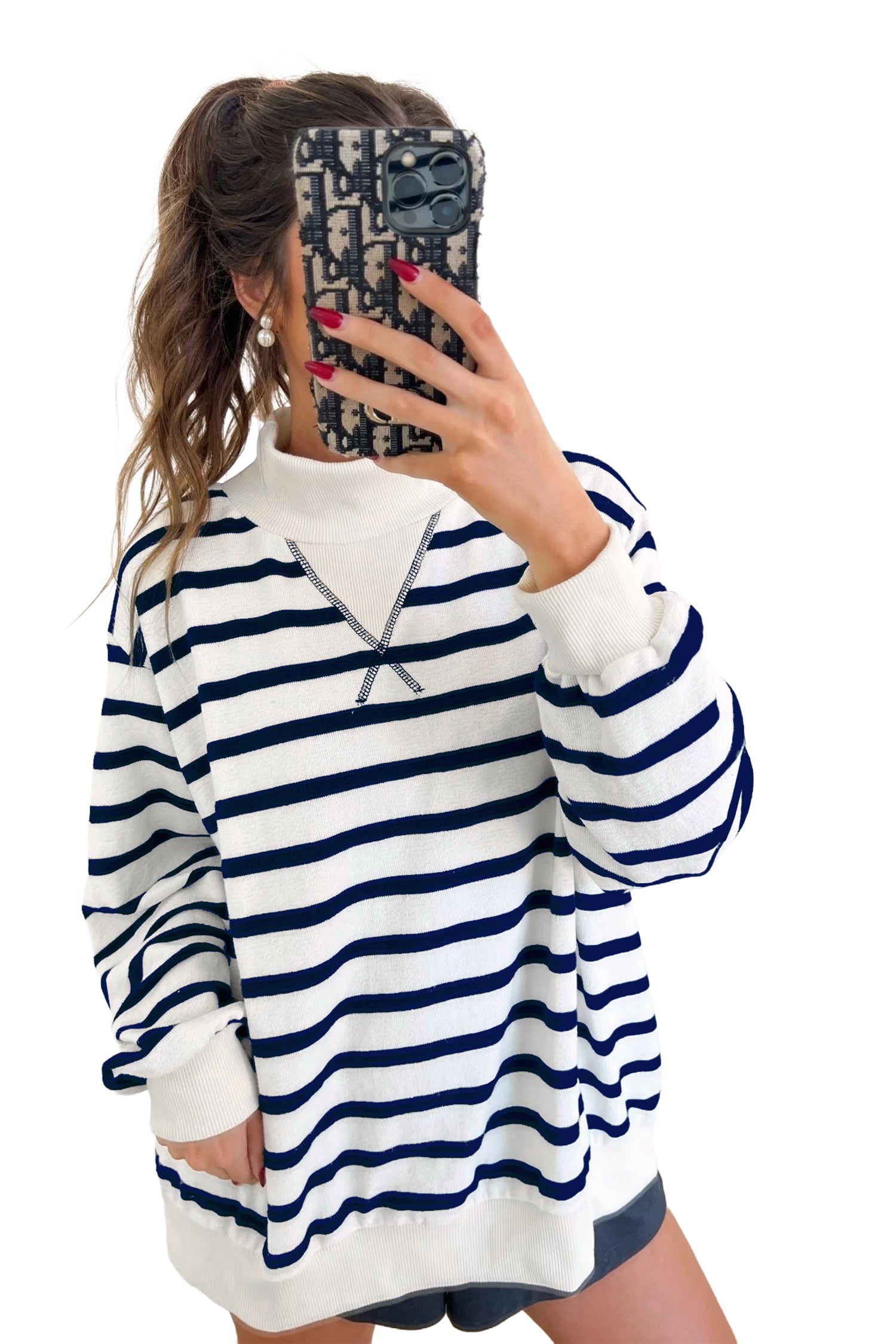 Blue Stripe Striped Stand Neck Long Sleeve Ribbed Cuff Hem Sweatshirt