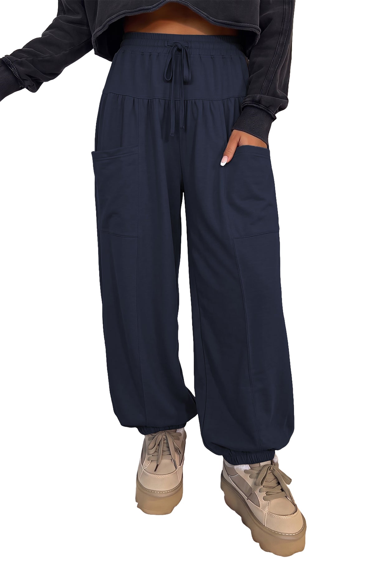 Dirty blue Elastic Waist Drawstring Wide Leg Full Length Pants