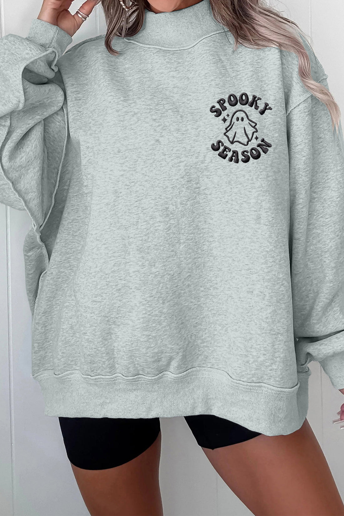 Gray Embroidered Spooky Season Mock Neck Casual Sweatshirt