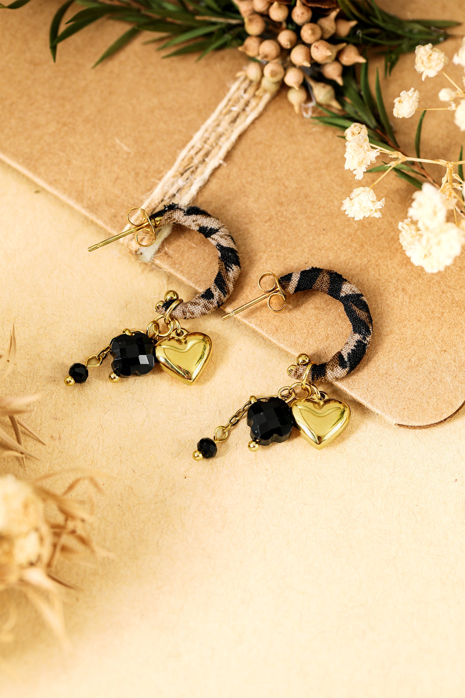 Gold Puffy Heart Leopard Wrapped Open Loop Earrings