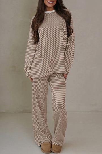 Beige Stripe Contrast Trim Round Neck Oversize Long Sleeve Top 2pcs Pant Set