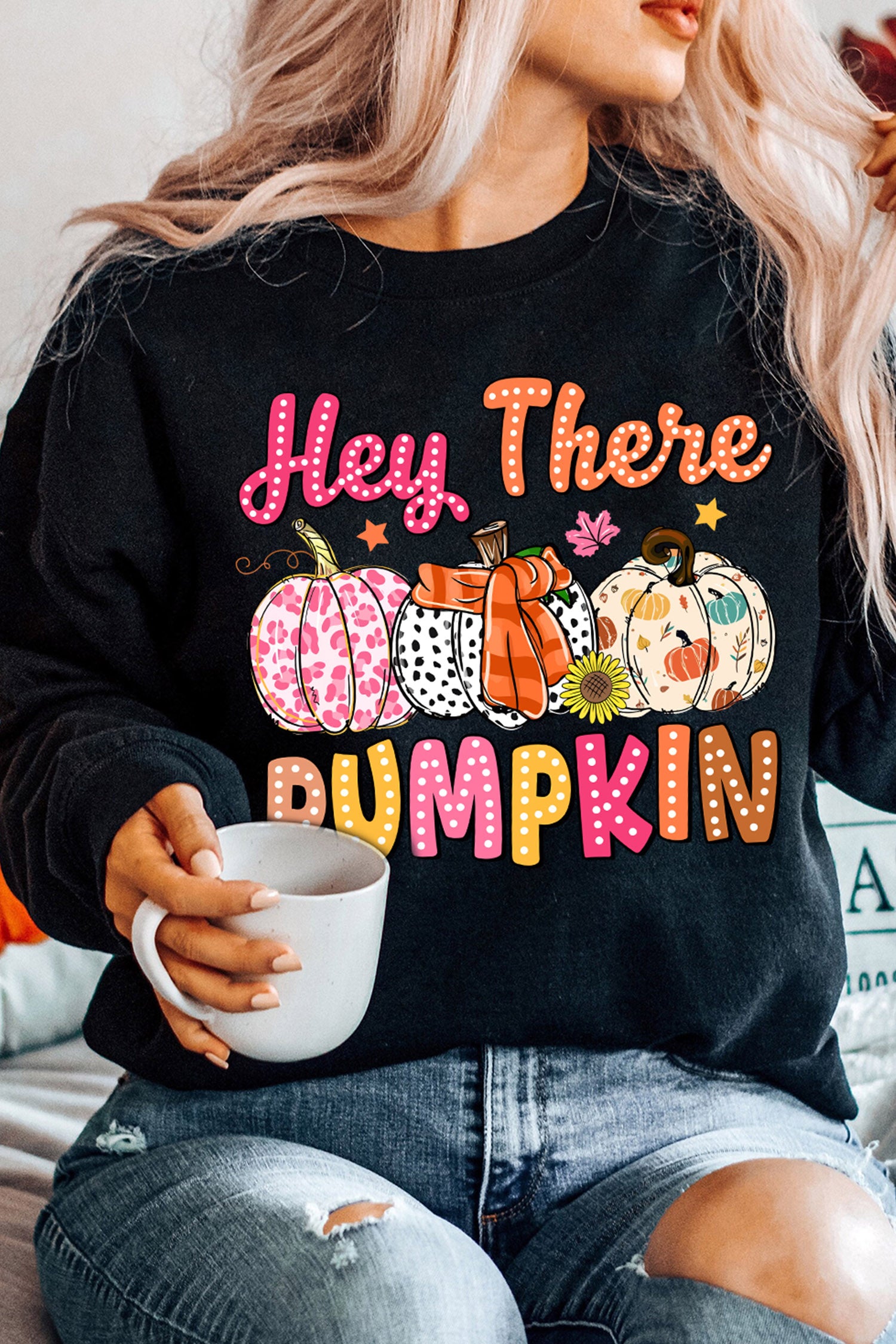 Black Cozy Autumn Pumpkin Print Relaxed Pullover Sweatshirt