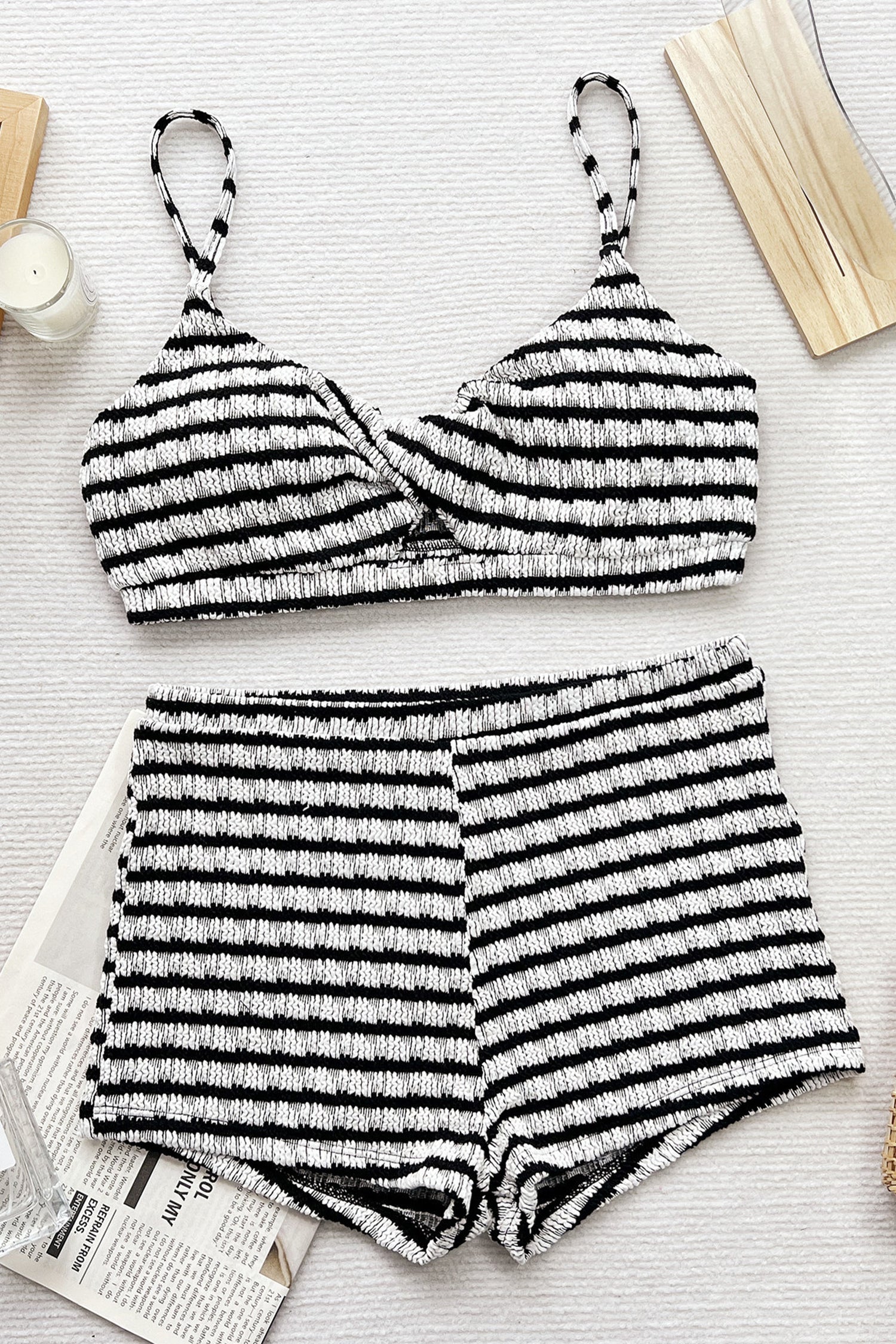 Black Stripe Textured Knit Twisted Bikini High Waist Shorts 2pcs Swimsuit