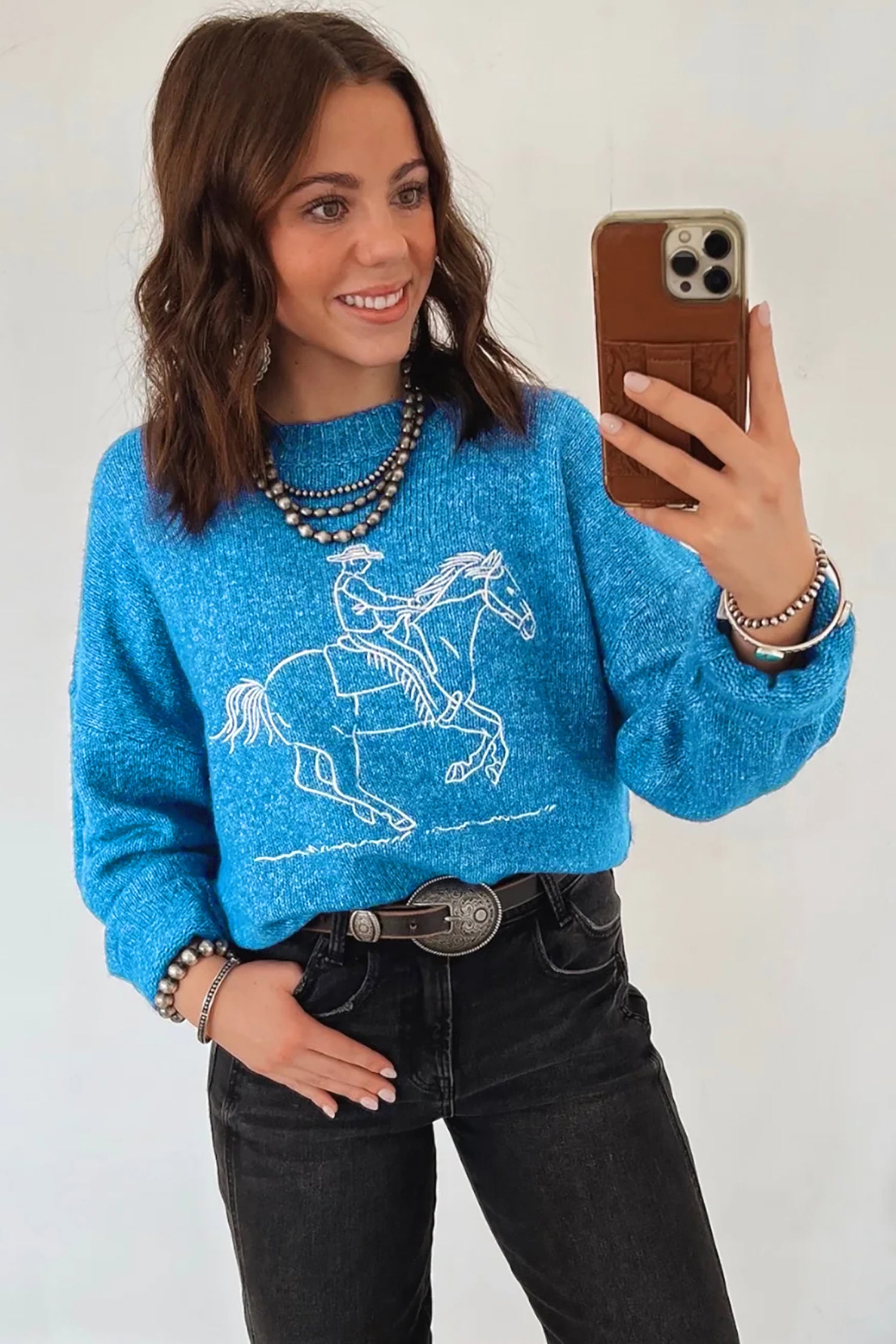 Sky Blue Western Embroidery Drop Shoulder Pullover Sweater