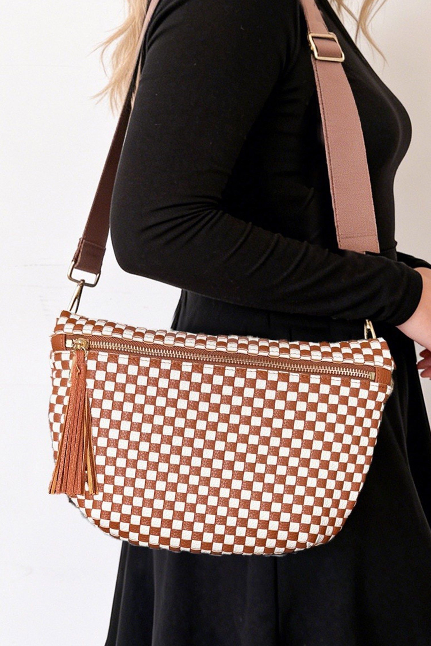 Camel Checkered Woven PU Leather Crossbody Bag Adjustable Strap Large Size