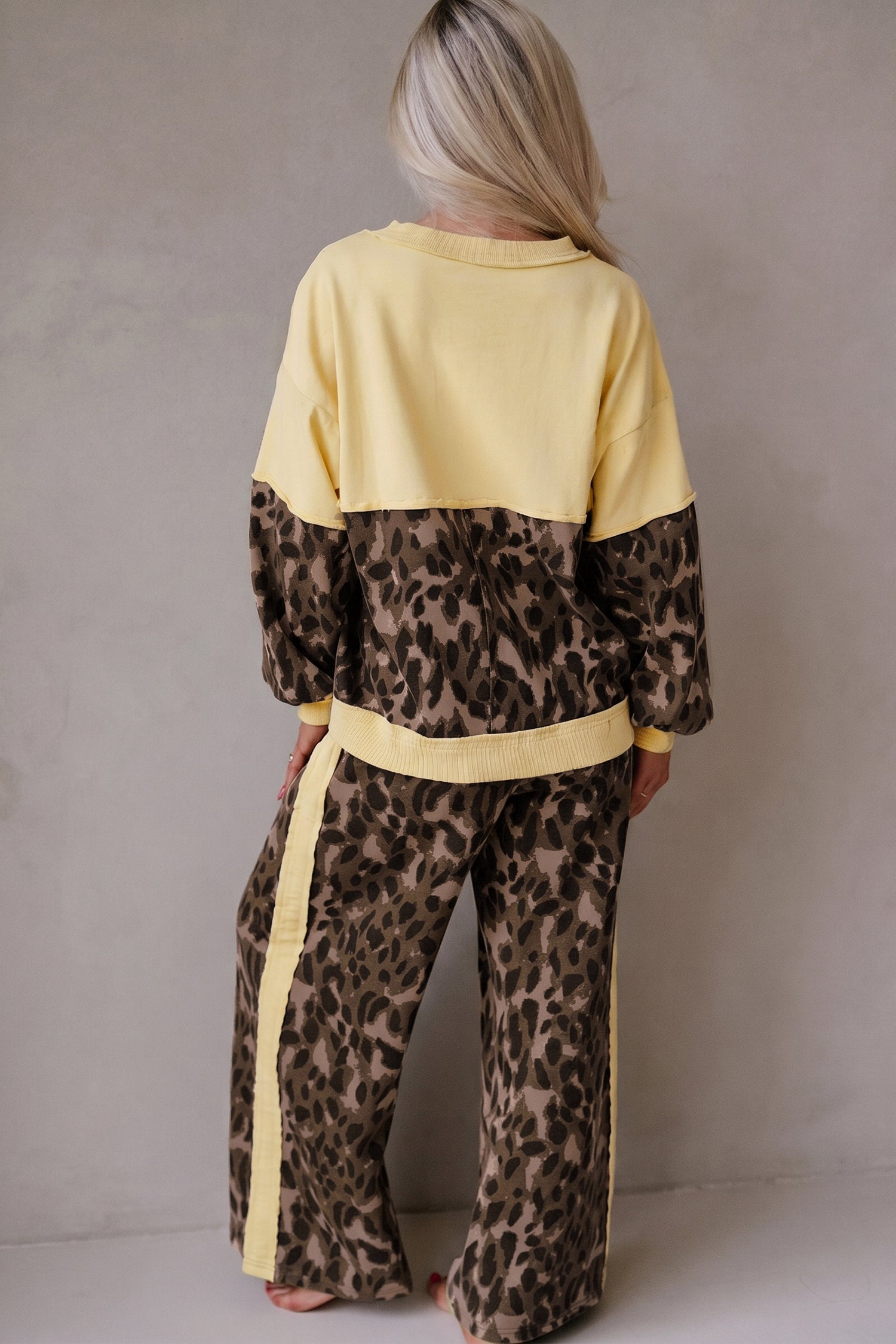 Brown Leopard Print Long Sleeve V-Neck Wide Leg Pant Set