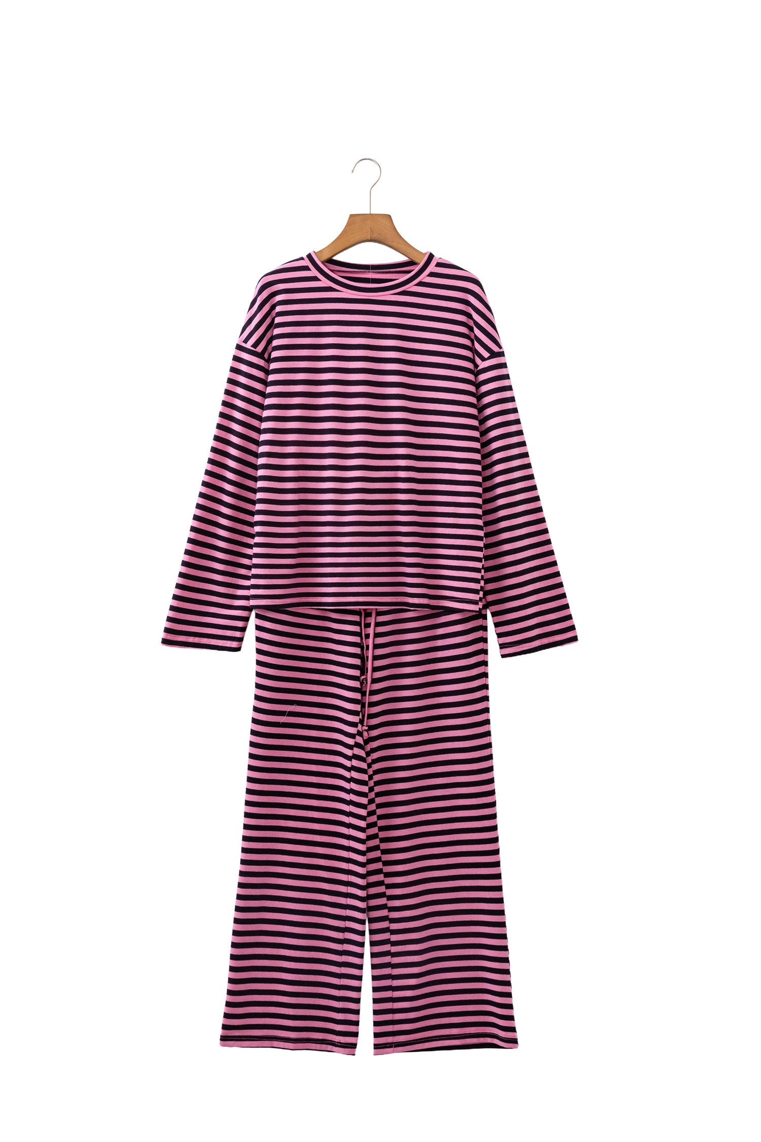 Pink Stripe Casual Long Sleeve Top Drawstring Pant Set
