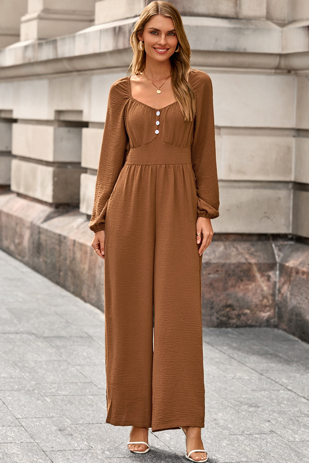 Chestnut Solid Color Long Sleeve Shirred Button Detail Straight Leg Jumpsuit