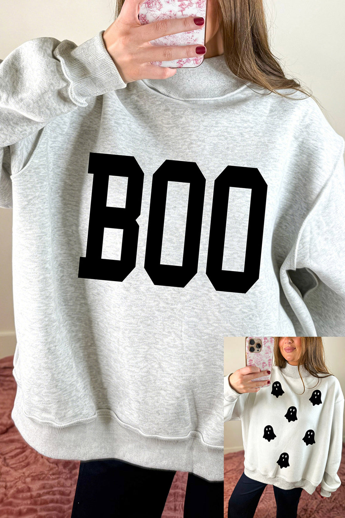 Light Grey Halloween Boo Slogan Ghost Print Reversible Mock Neck  Sweatshirt