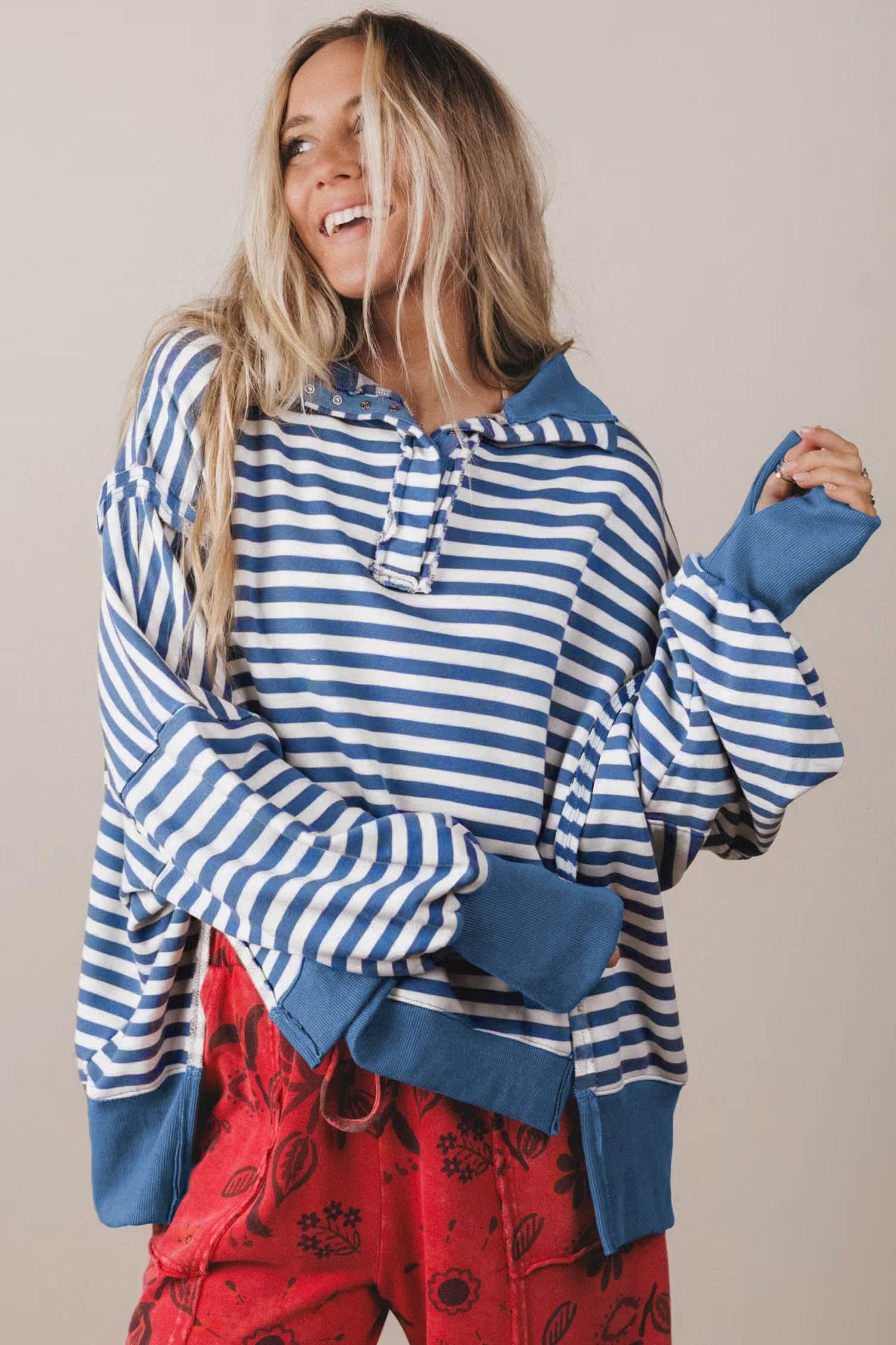 Blue Stripe Color Block Trim Raw Seam Split Hem Loose Pullover Sweatshirt