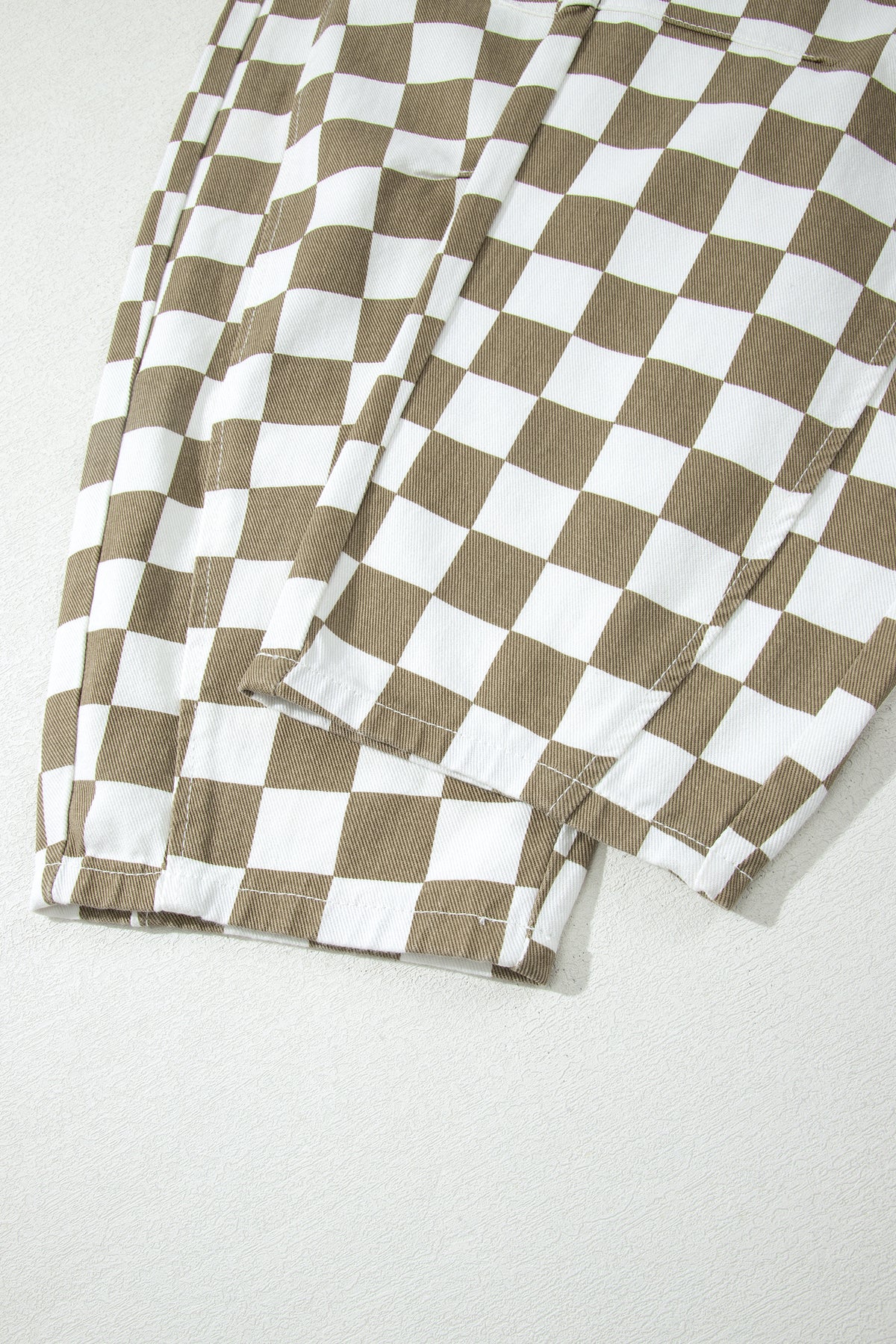 White Checkered Print Denim Barrel Pants