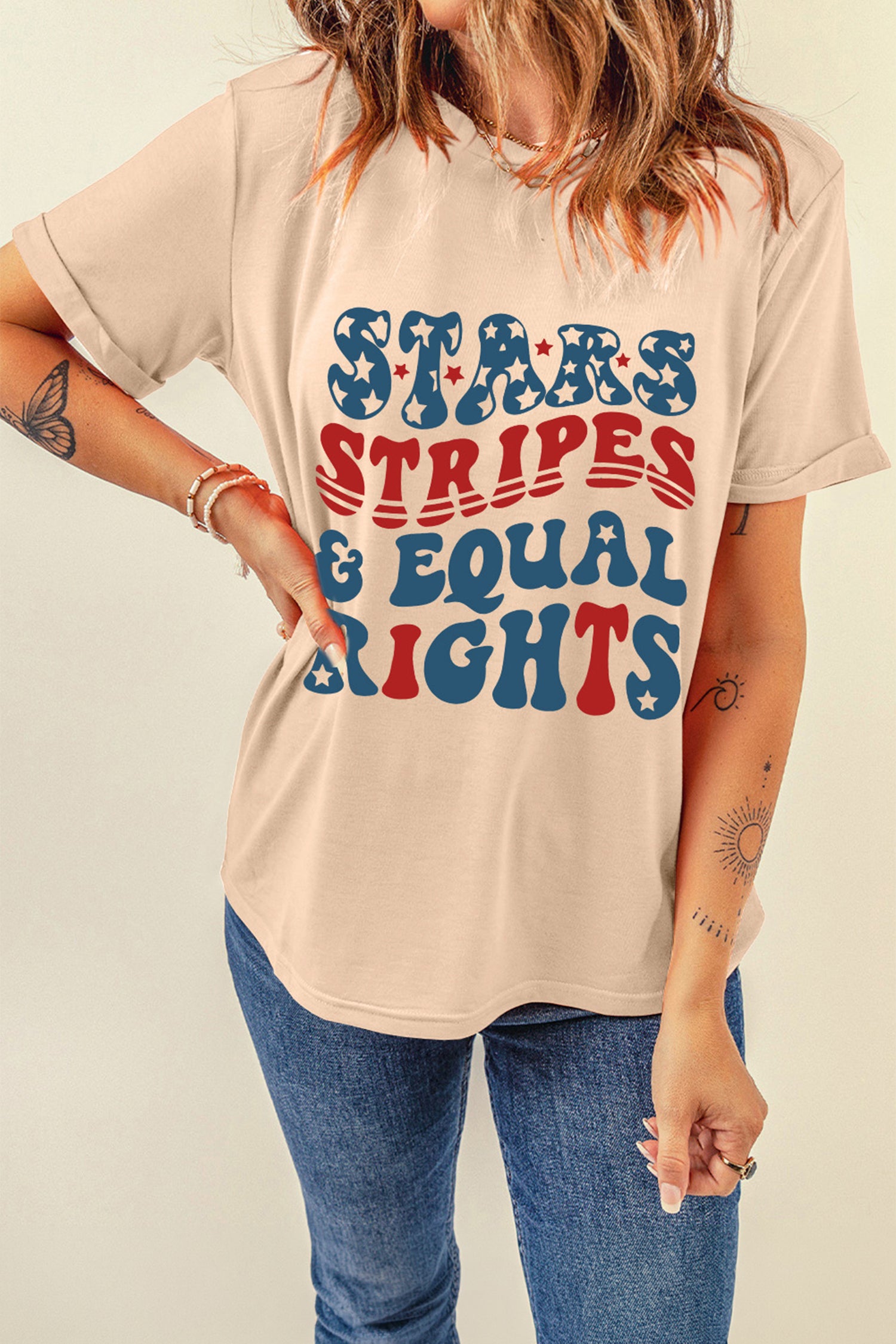 Khaki STARS STRIPES & EQUAL RIGHTS Retro 4th Of July T Shirt