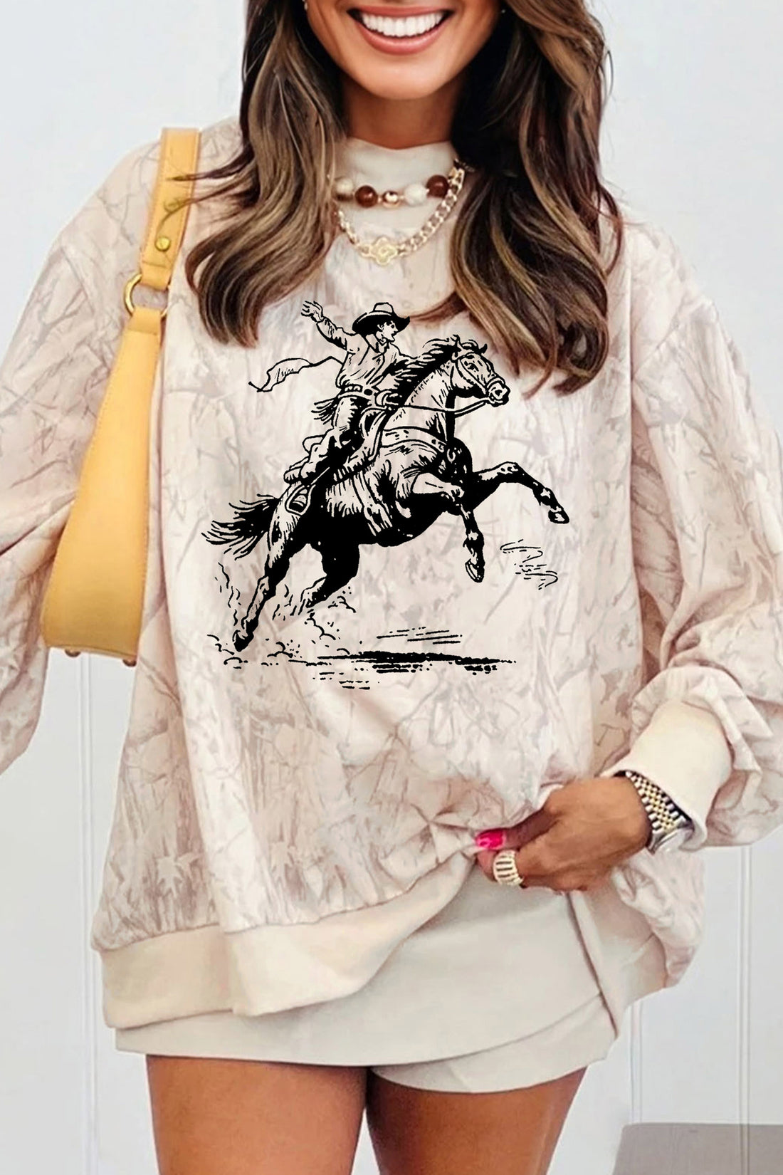 Khaki Western Rodeo Riding Print Tie-Dye Mock Neck Sweatshirt
