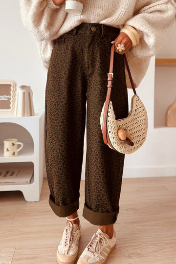 Brown Casual Leopard Print Full-Length Regular Fit Jeans