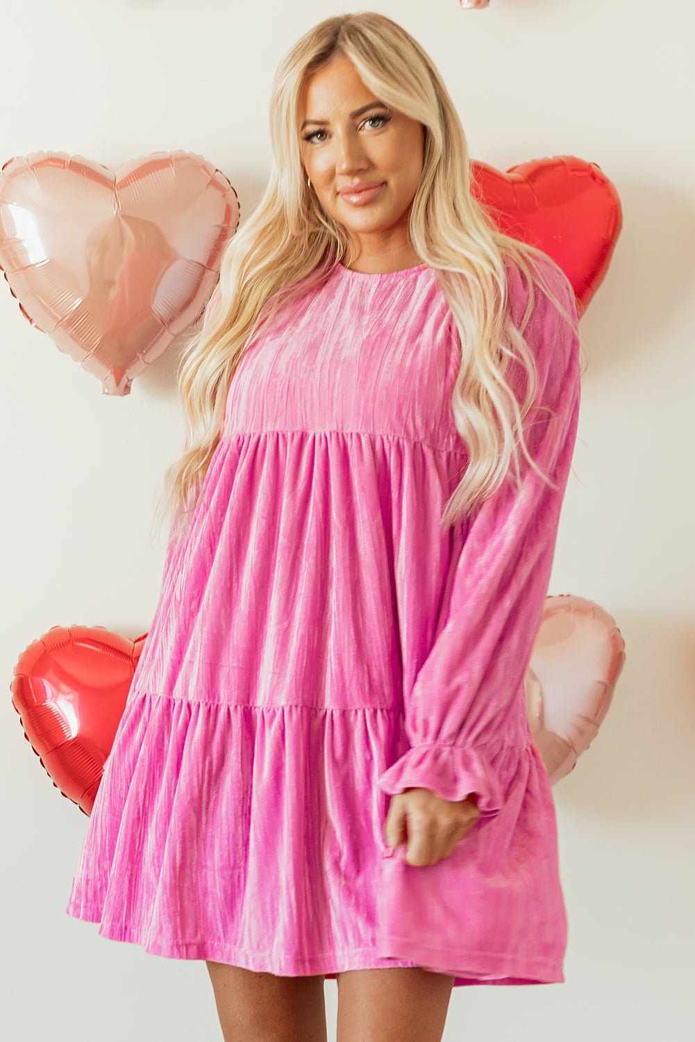 Pink Flounce Sleeve Tiered Ruffled Velvet Mini Dress