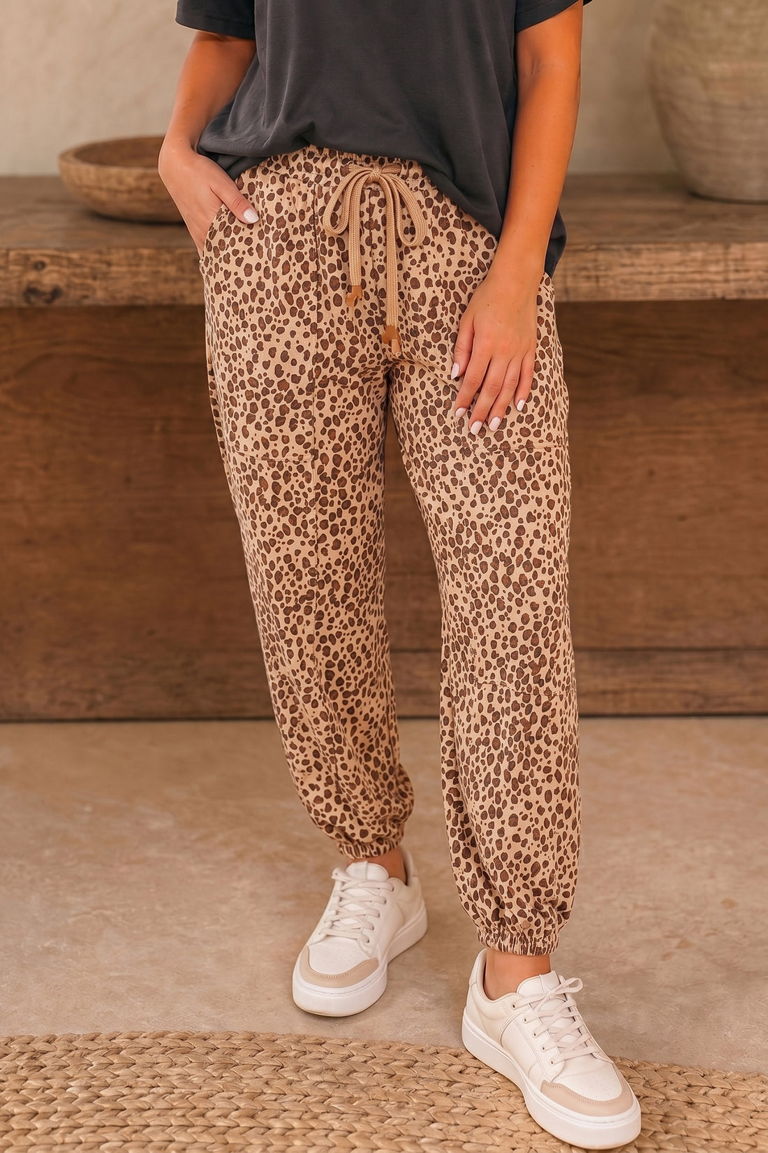 Khaki Leopard Print Drawstring Waist Patch Pockets Pants