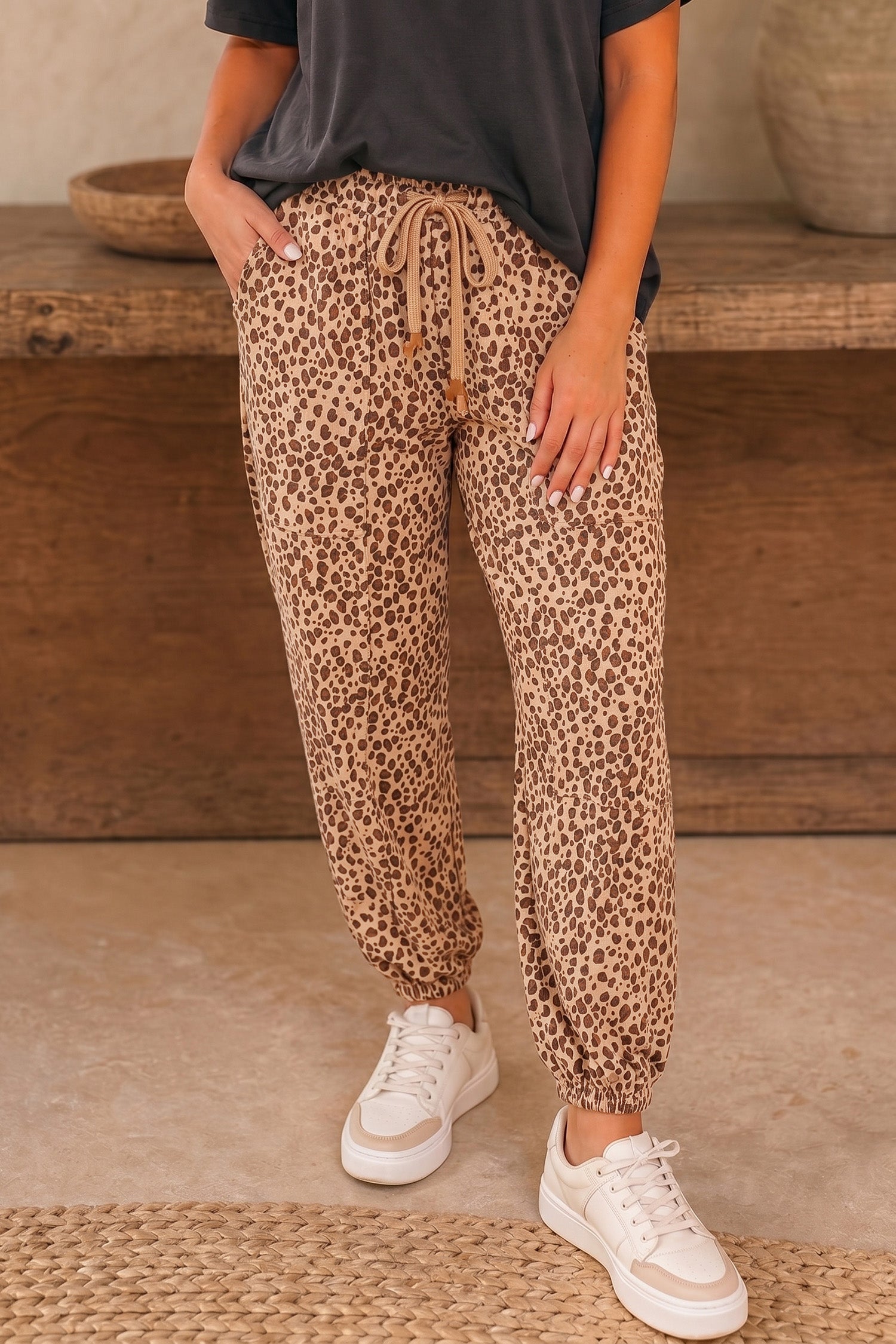 Khaki Leopard Print Drawstring Waist Patch Pockets Pants