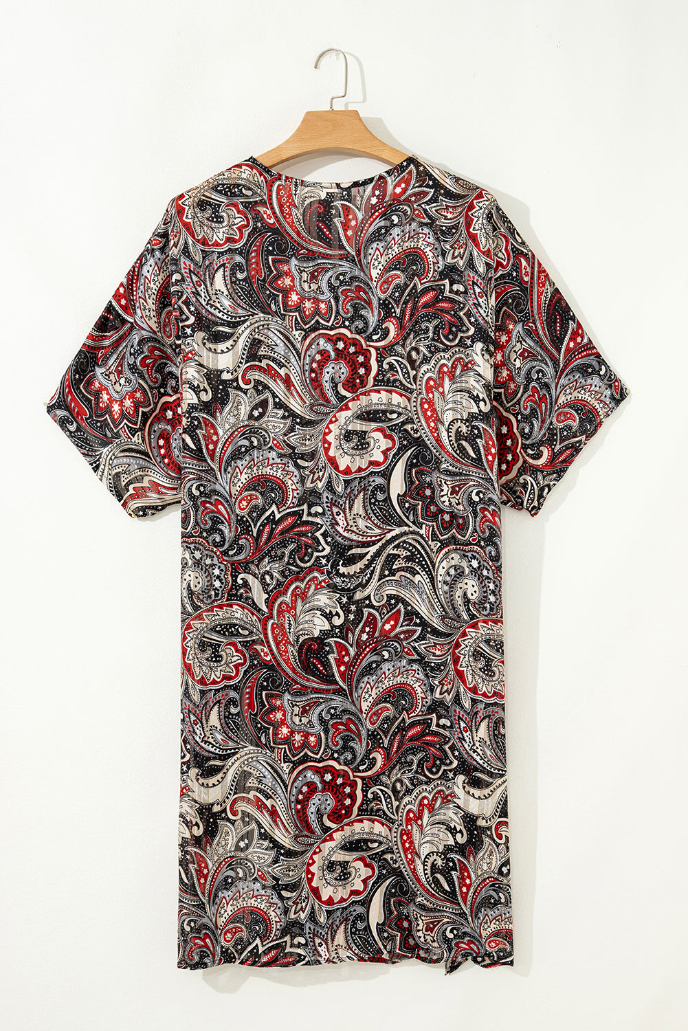 Black Floral Print Side Slit Open Front Long Kimono
