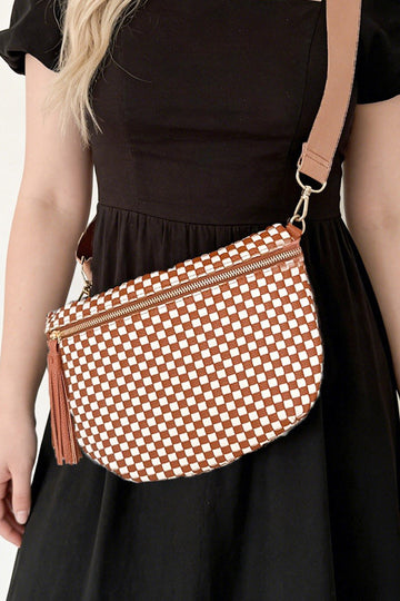 Camel Checkered Woven PU Leather Crossbody Bag Adjustable Strap Large Size