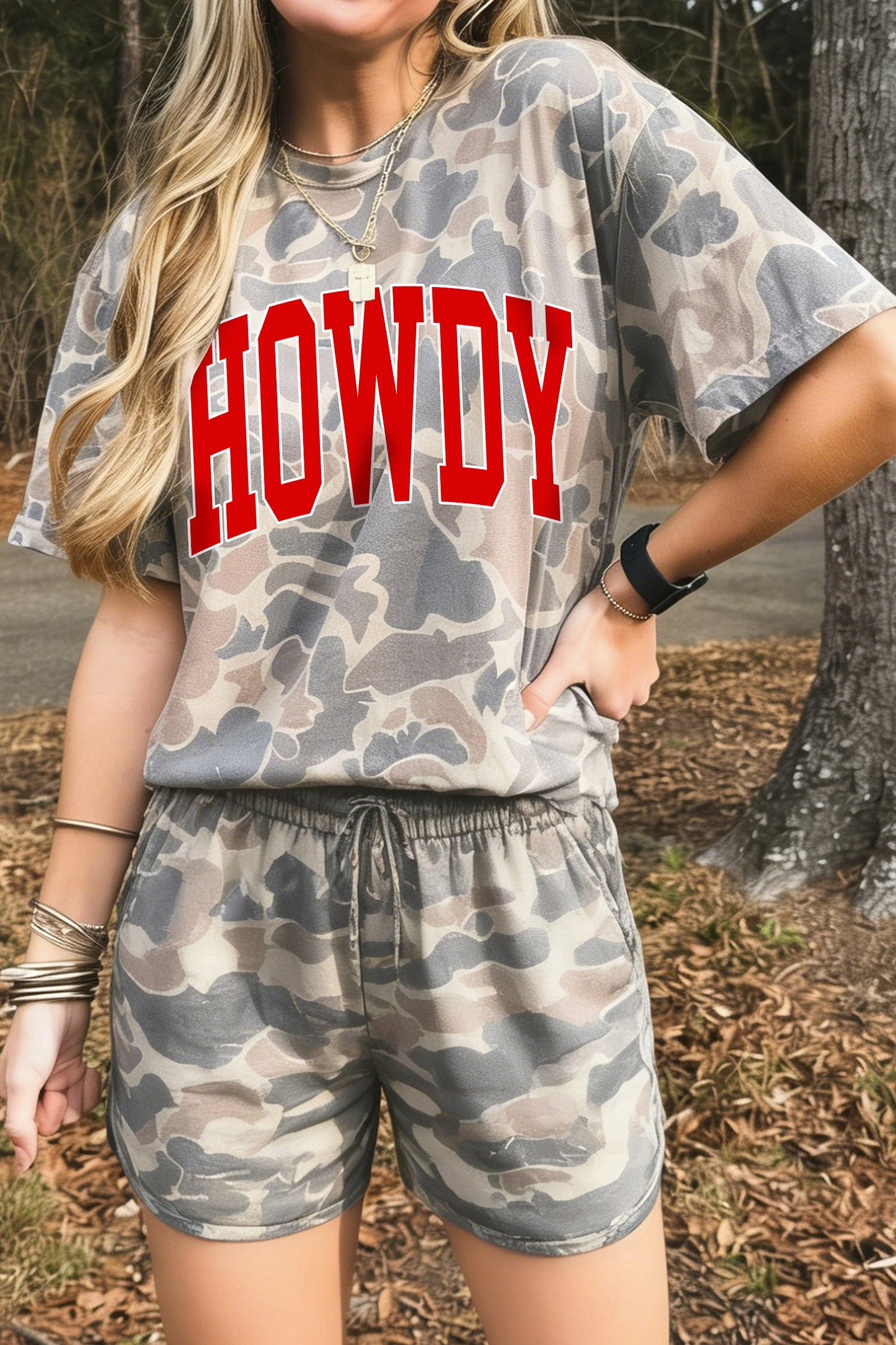 Multicolour Camouflage HOWDY Letter Print Relaxed Tee Drawstring Shorts Set