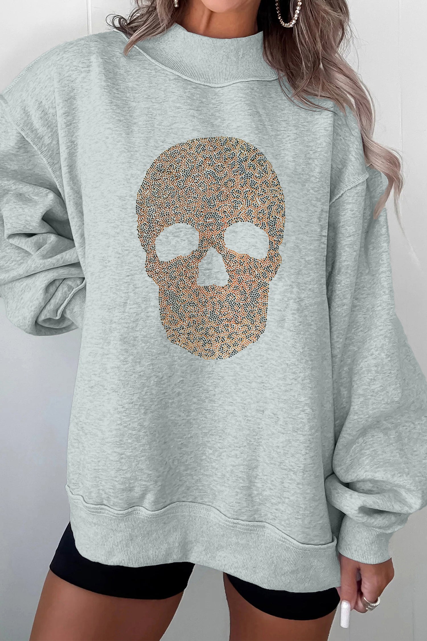 Gray Halloween Rhinestone Skull Graphic Mock Neck Baggy Pullover Sweatshirt