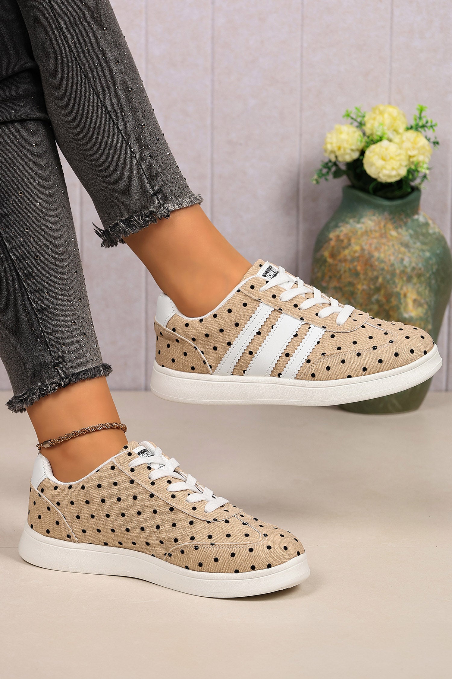 Camel Polka Dot Print PU Leather Detail Lace Up Casual Shoes