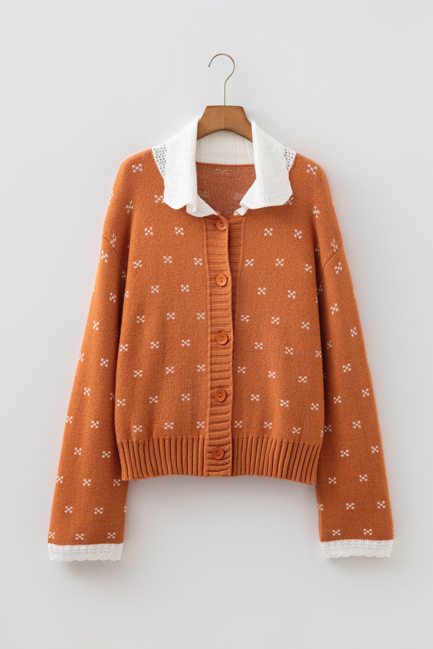 Russet Orange Peter Pan Collar Colorblock Long Sleeve Knitwear Cardigan