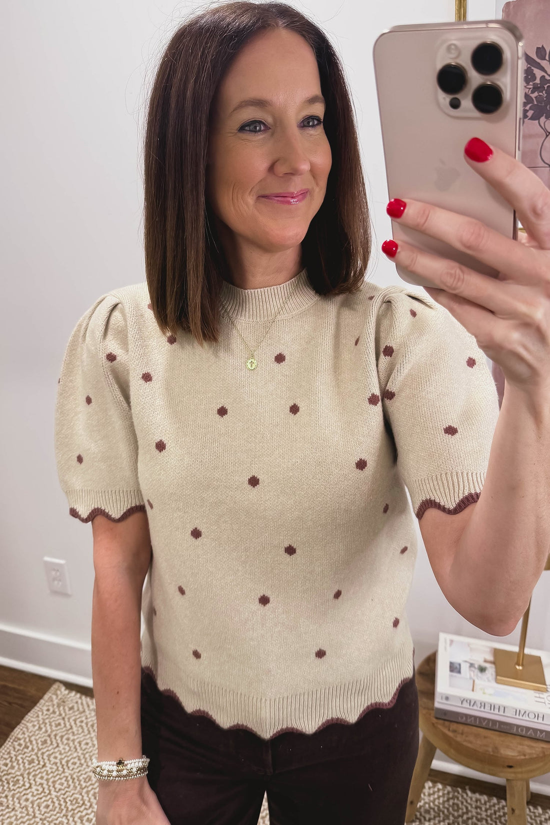 Beige Polka Dot Knit Contrast Scalloped Trim Short Sleeve Mock Neck Sweater