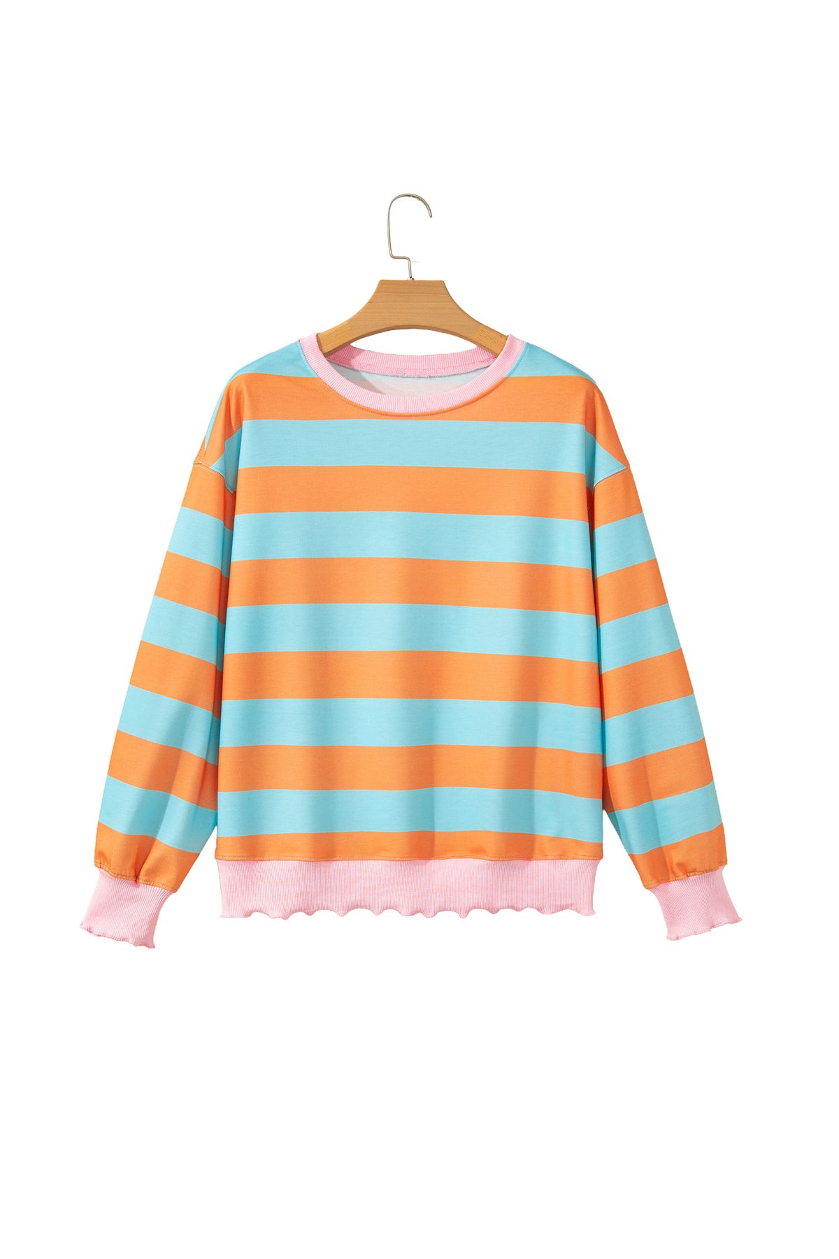 Orange Stripe Ribbed Color Block Trim Round Neck Long Sleeve Shift Top
