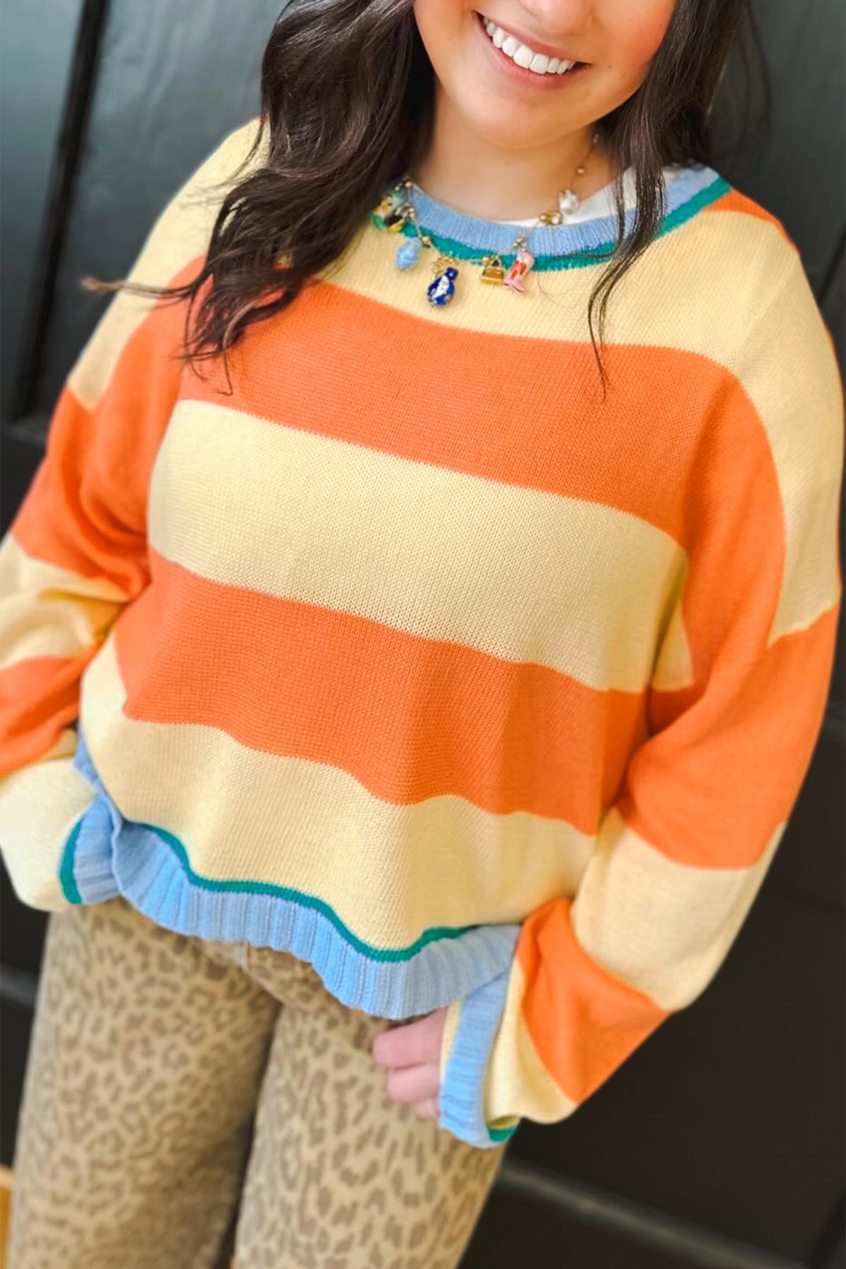 Yellow Stripe Striped Colorblock Round Neck Long Sleeve Oversized Plus Size Sweater